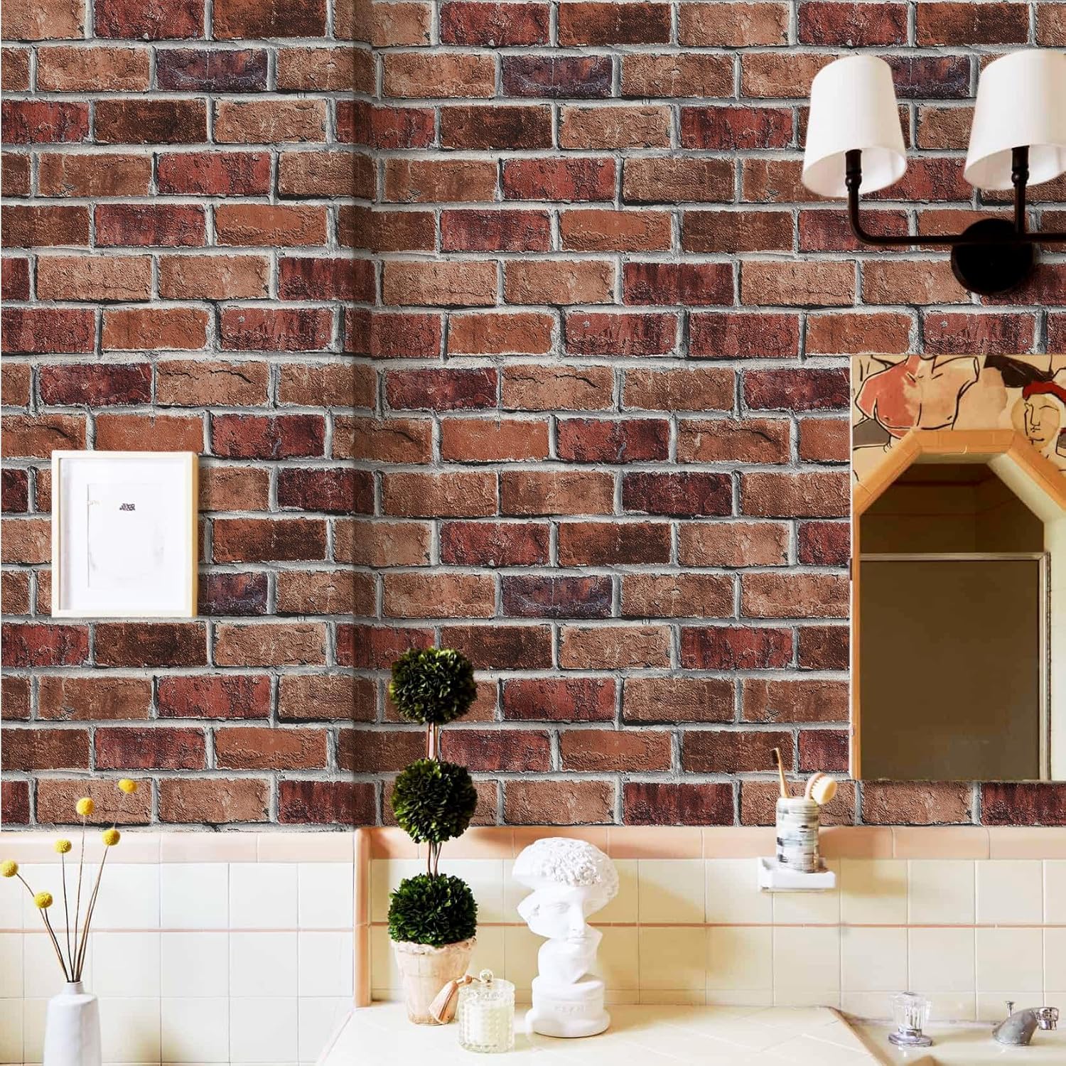 Rugreat Red Brick Peel and Stick Wallpaper Faux Brick Contact Paper for Cabinets Self Adhesive Removable Wallpaper for Backsplash Waterproof Textured Contact Paper for Fireplace Vinyl 17.3inW 591inL