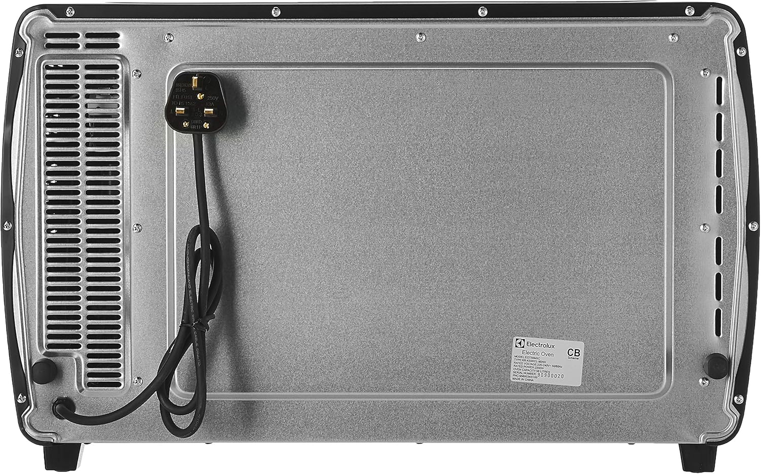 Bag view of the Electrolux EOT56MXC Oven showing the power cord and ventilation.