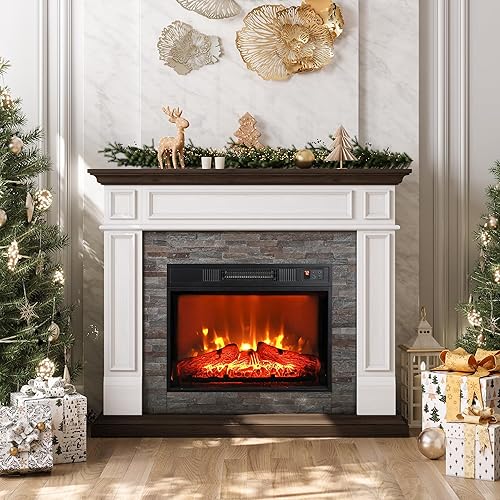 Miniatura 2 de LGHM Chimenea eléctrica de 44 pulgadas con chimenea, calentador de estufa de leña portátil independiente, efecto realista de llama bailarina 3D y