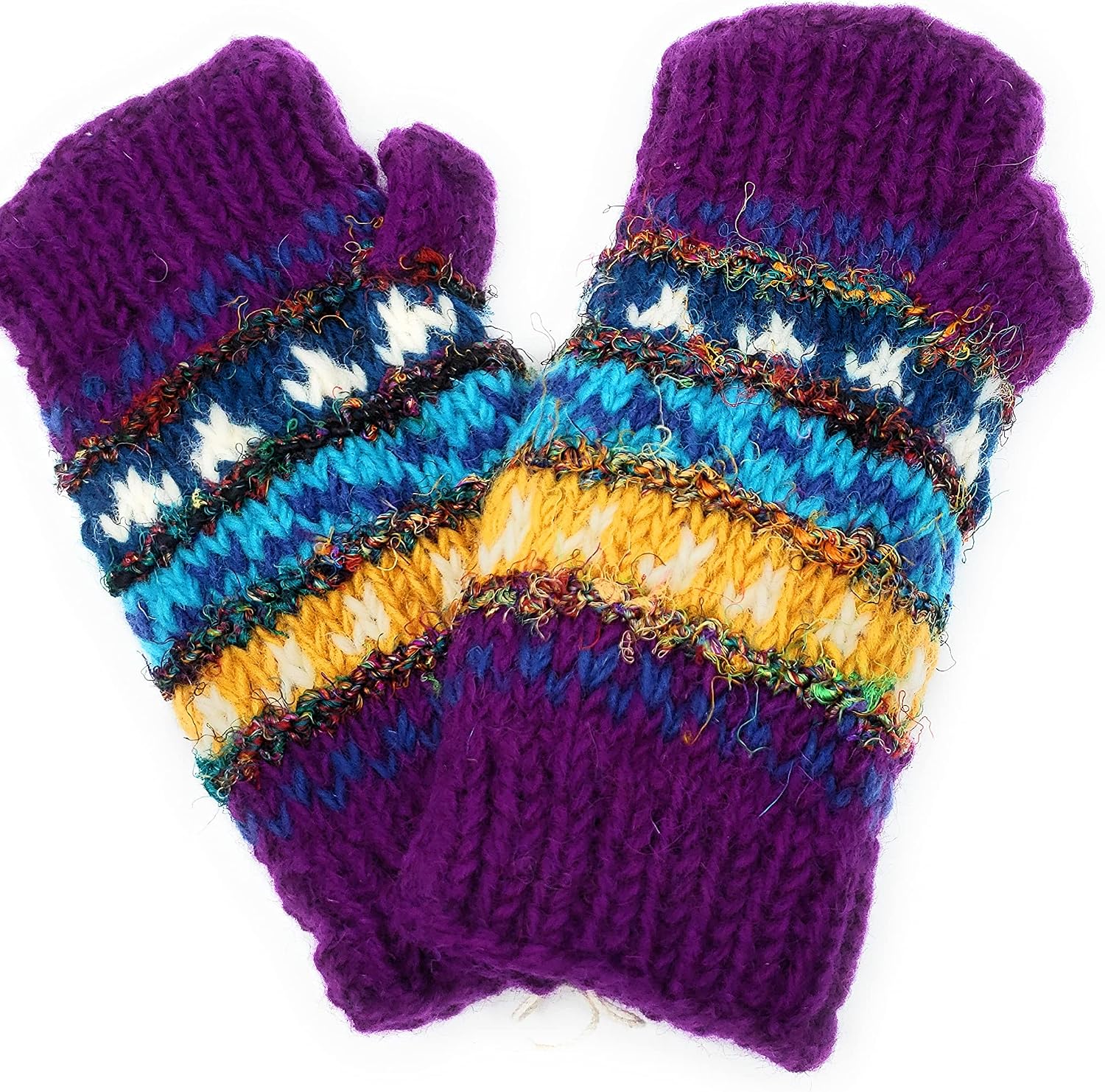 Hand Knit Wool & Recycled Silk Beanie Hat & Fingerless Gloves Set Fleece Lined Made in Nepal