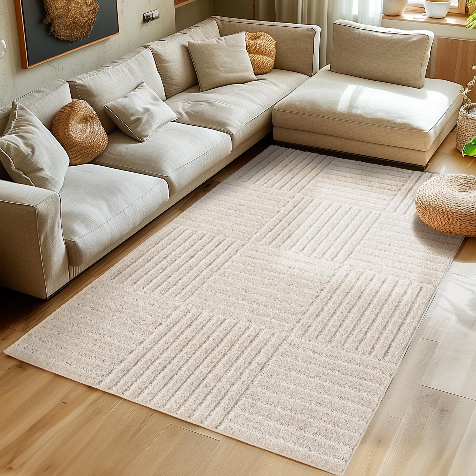 SIMPEX Teppich Hochflor Wohnzimmer Teppich, Weich & Flauschig, Skandinavisch Boho Stil, Langflor Shaggy, Pflegeleicht, Jute Rückseite