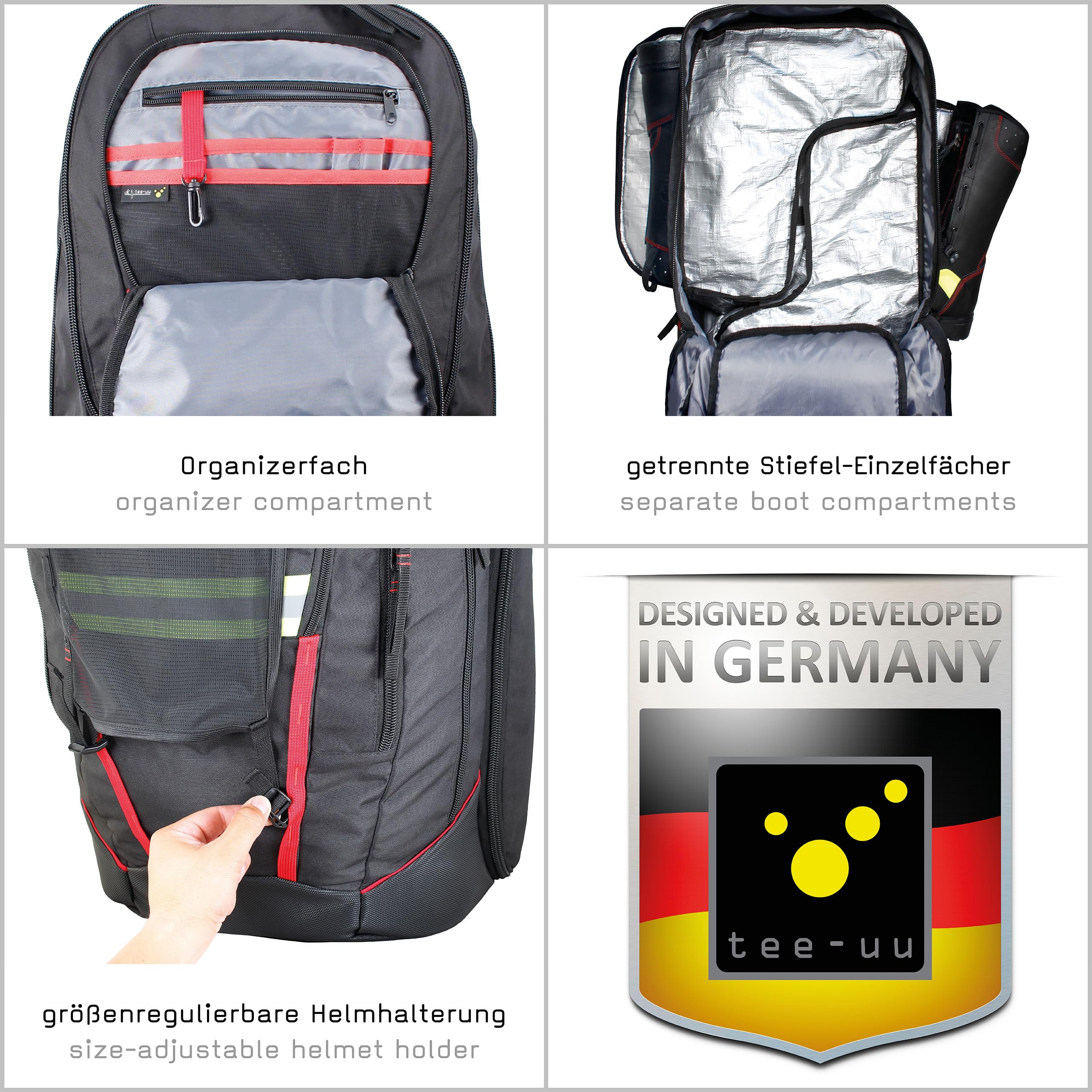 tee-uu SHIFTBAG EVO Rucksack | für die persönliche Schutzkleidung | 50 L Volumen | getrenntes Stiefelfach | abnehmbare Helmhalterung