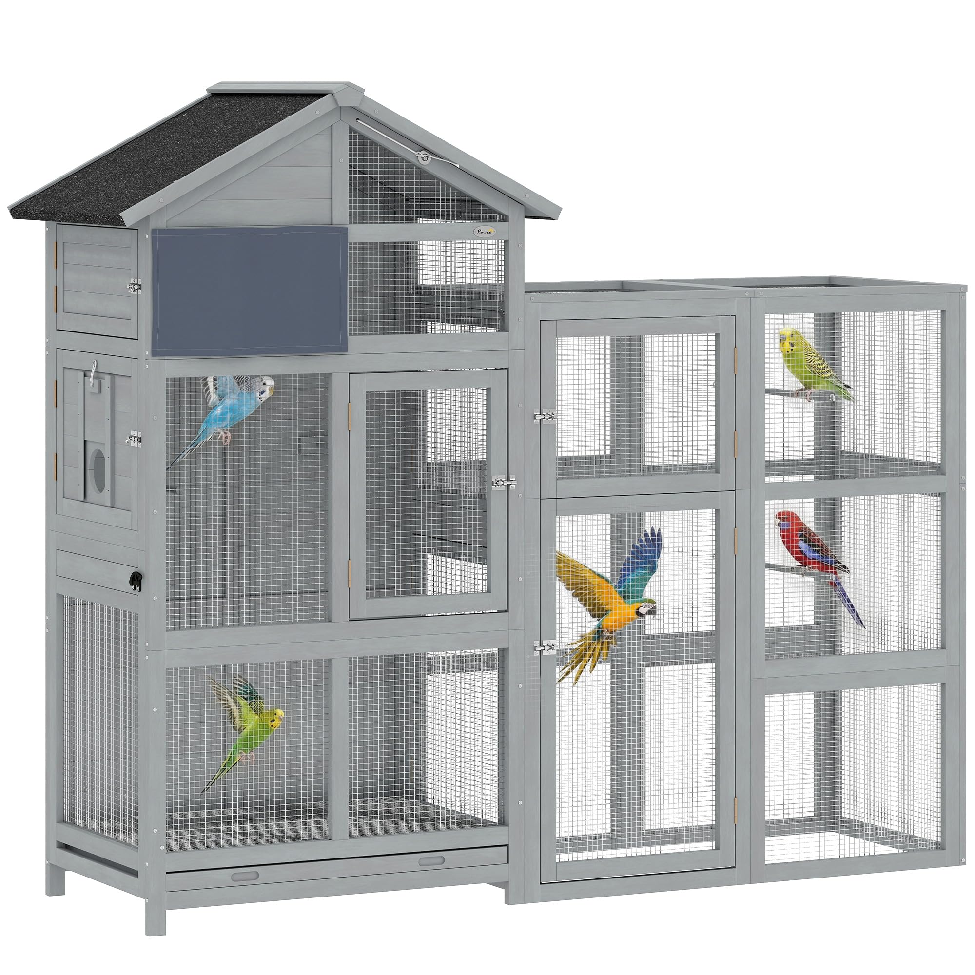 PawHut Pajarera de madera con ampliación, 6 perchas, 7 puertas, compartimento de almacenamiento, jaula para pájaros con cajón extraíble, cuencos de acero inoxidable, para pinzones, periquitos, gris