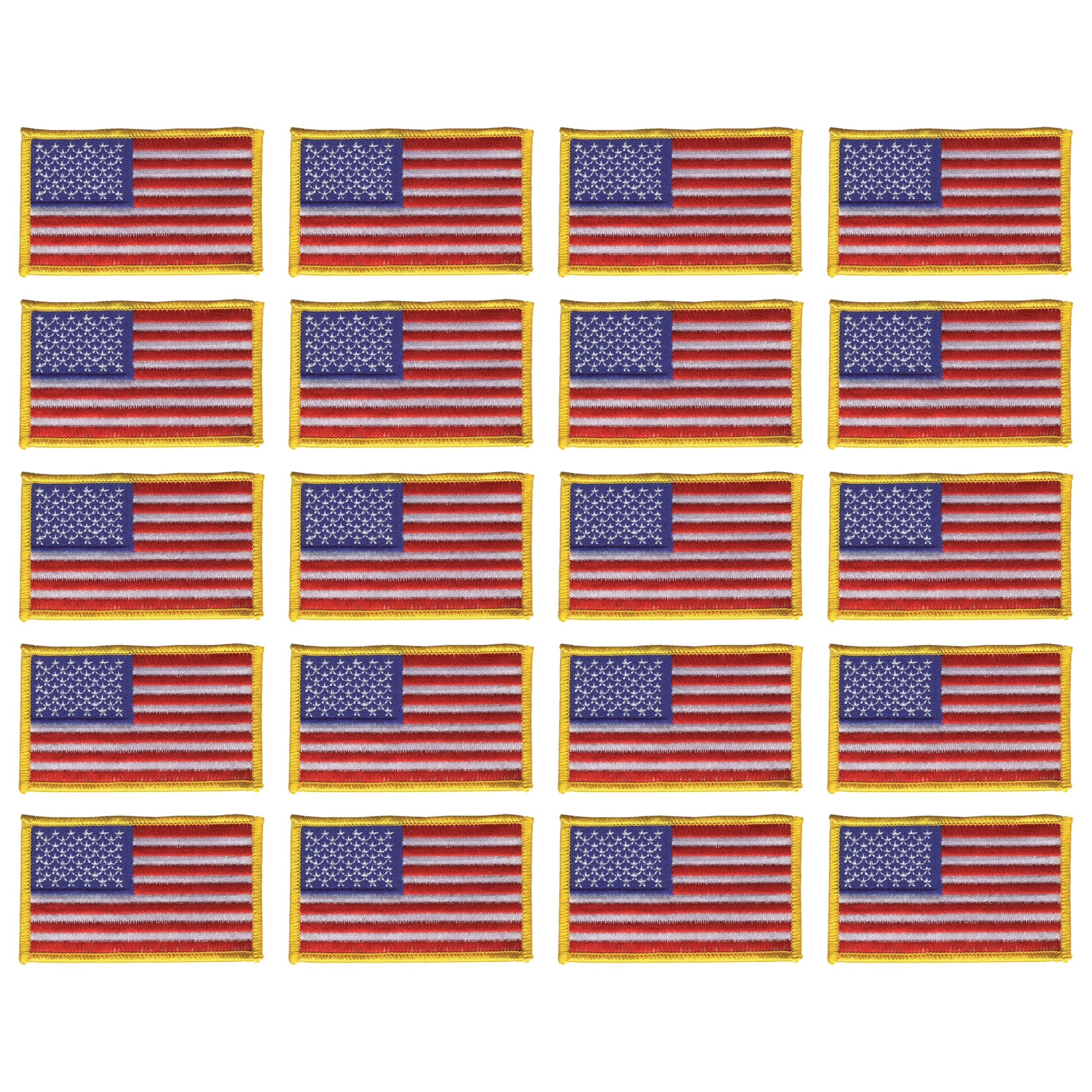 RYNO GEAR Embroidered Sew-On Patch Bundle for Uniforms. (US Flag - Gold Border, Pack of 20)