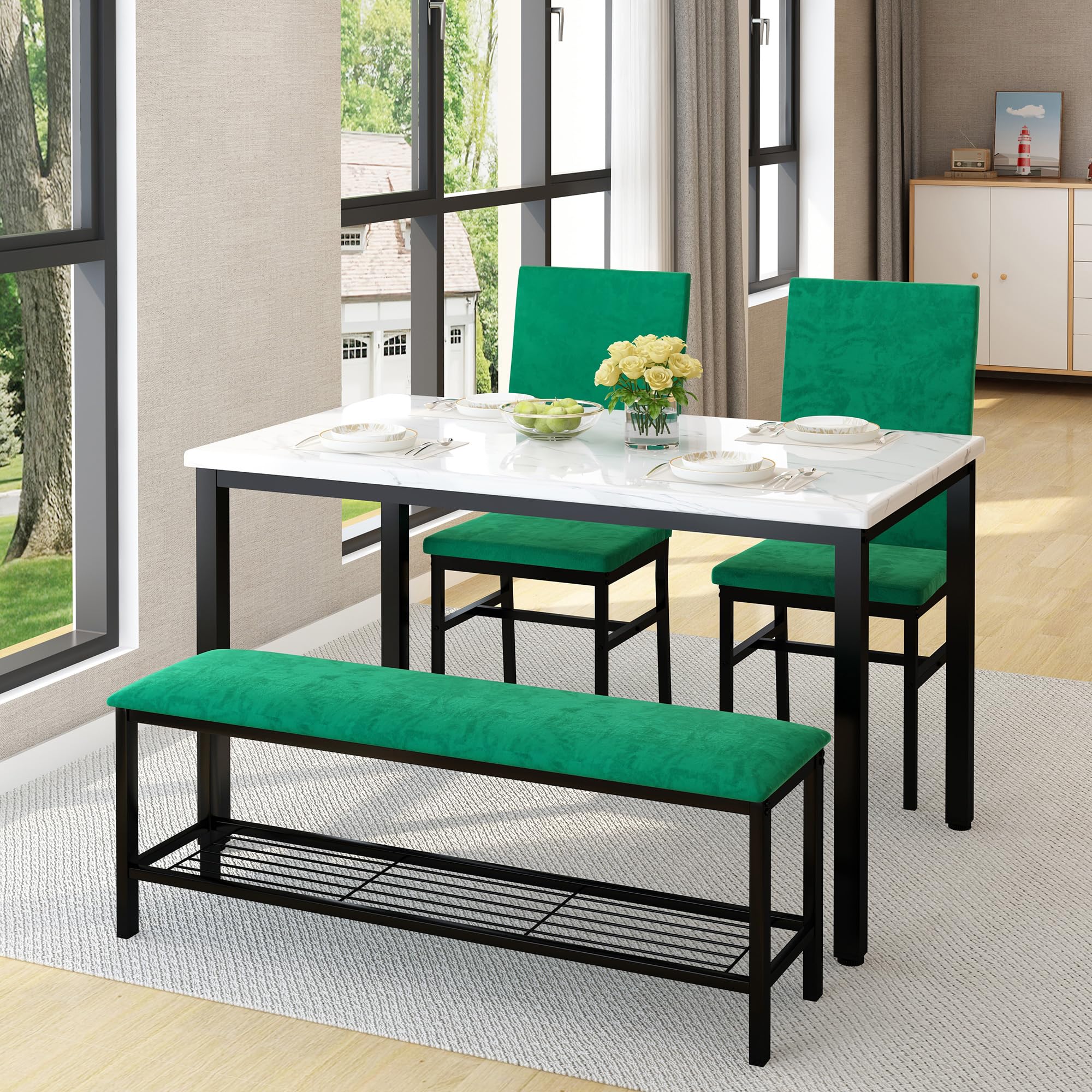 HUGROVE 47.2 Faux Marble Tabletop Dining Table Set for 4, Kitchen Table Chairs Set with Upholstered Velvet Chairs, 5 Piece Modern Dining Room Table