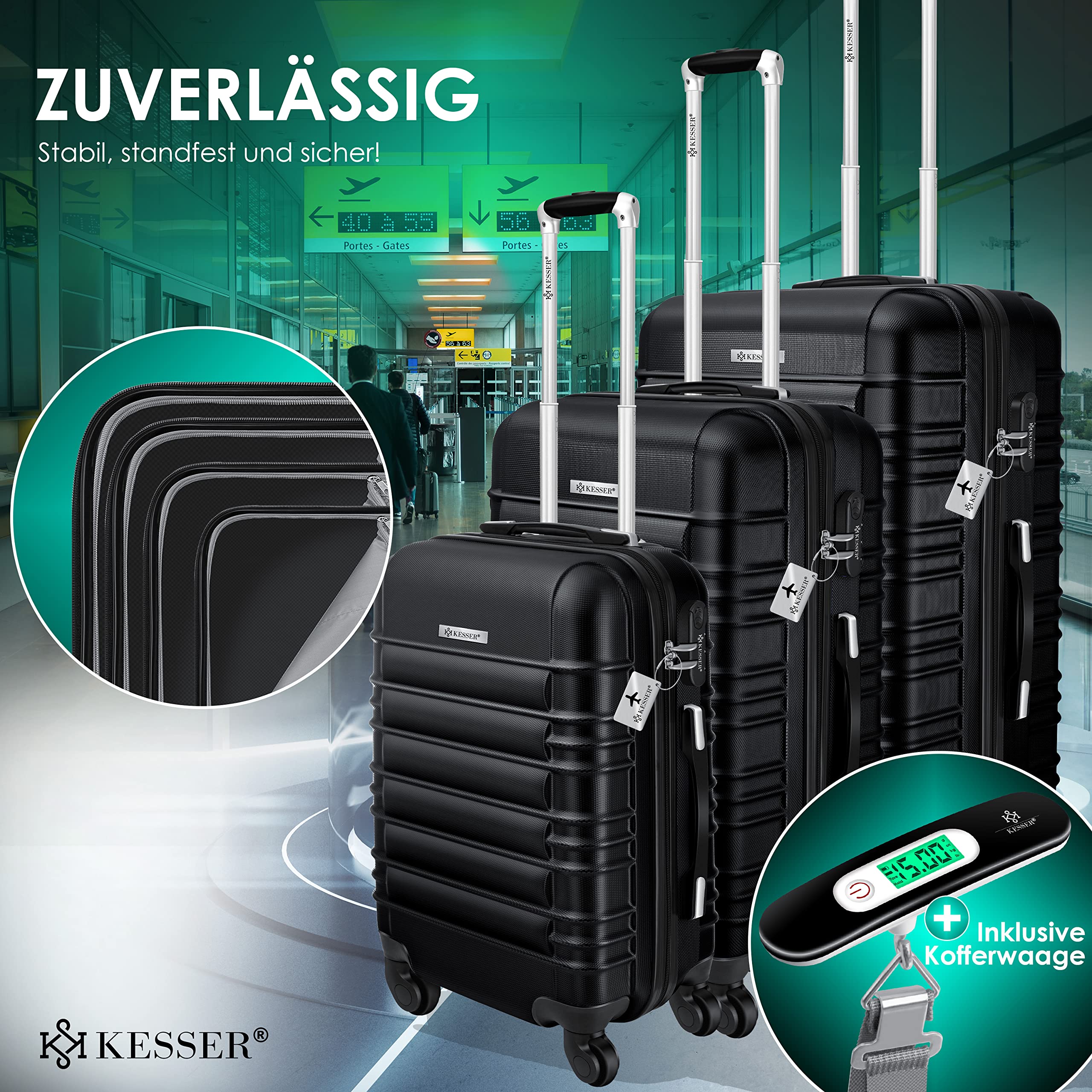 KESSER® Set di 3 valigie rigide, trolley, incl. bilancia per bagagli + etichetta, chiusura, manico telescopico M-L-XL