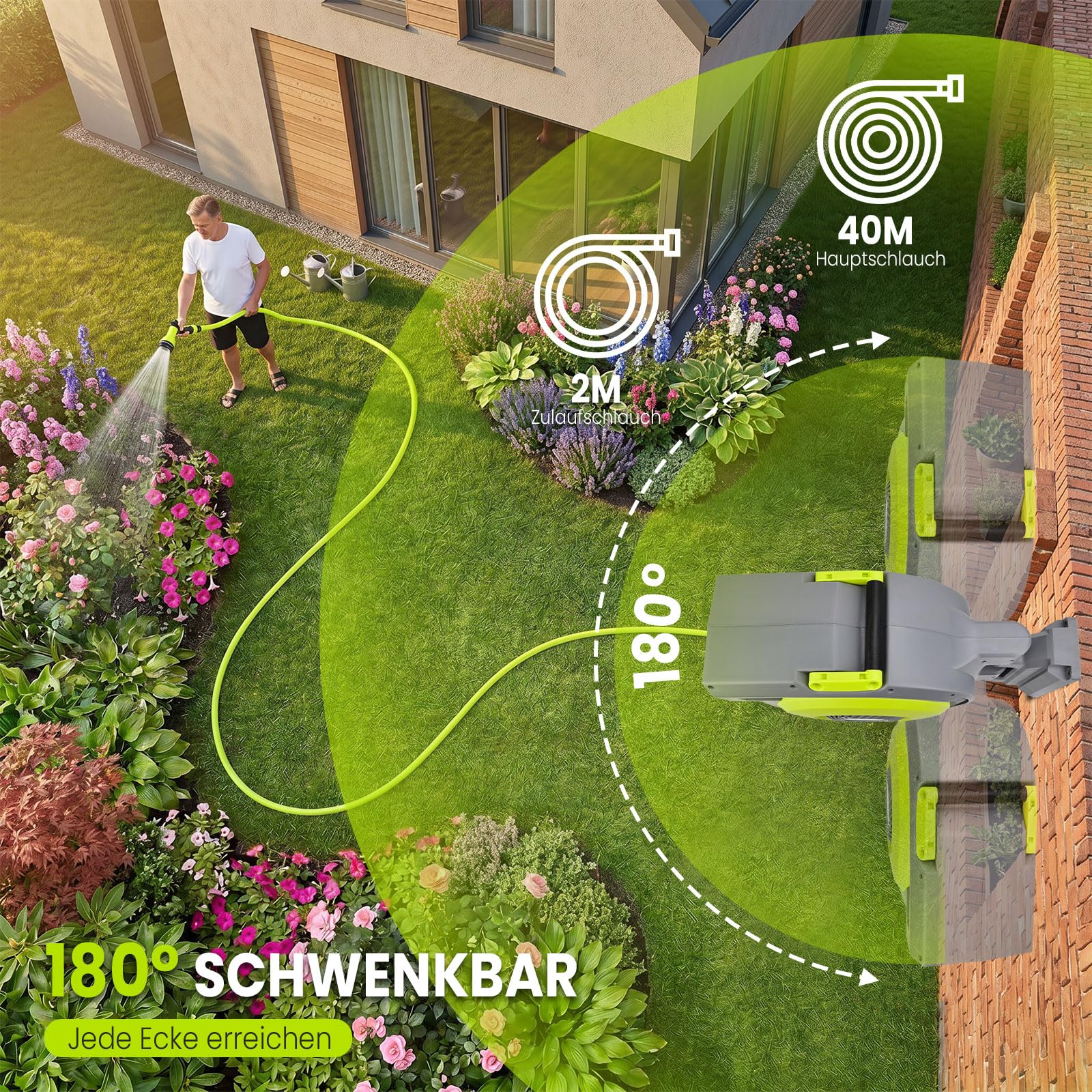 Schlauchtrommel 40m+2m, Gartenschlauch Trommel mit 180° Schwenkbarer, Wand-Schlauchbox mit 9-Funktionen Gartenbrause, Automatischem Rückzugssystem und Arretierung in Jeder Länge für Garten