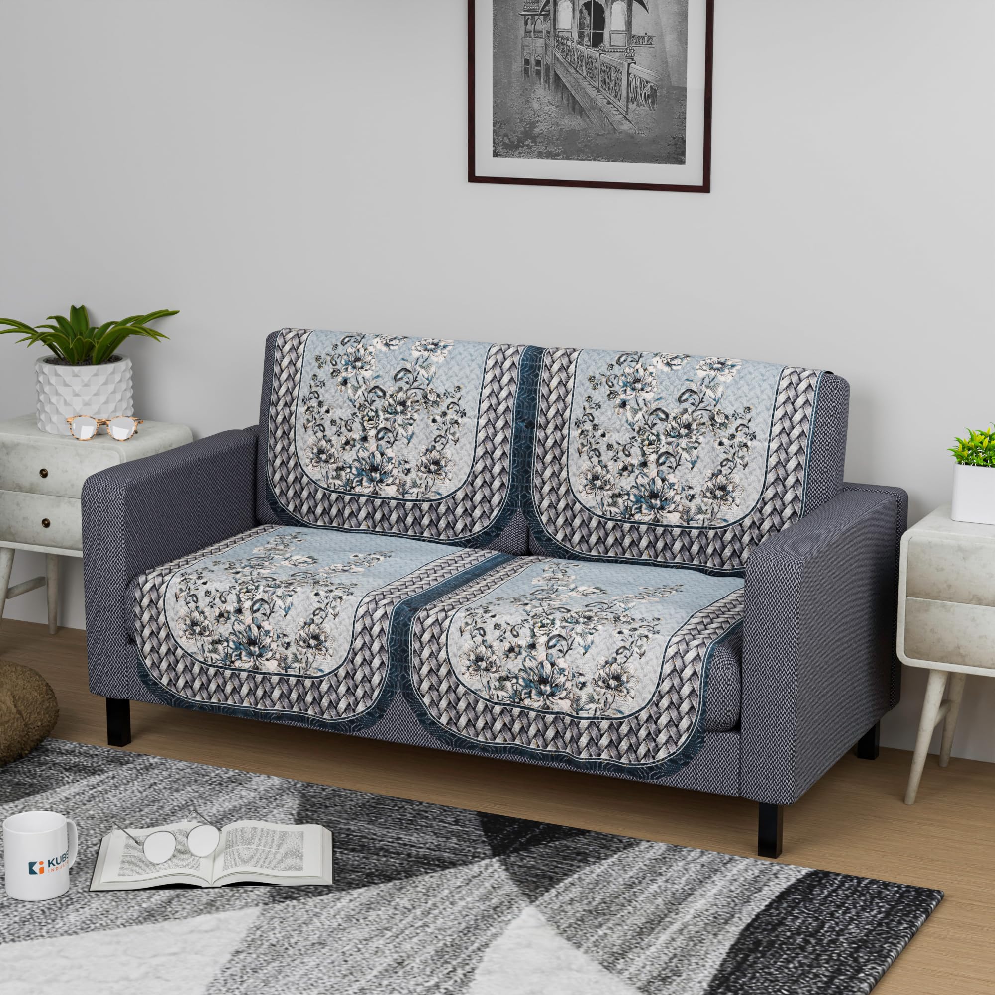 Kuber Industries 2 Seater Sofa Cover - Net Slipcover Set for Hall-Living Room - Toronto-Golden Foil Print - Blue