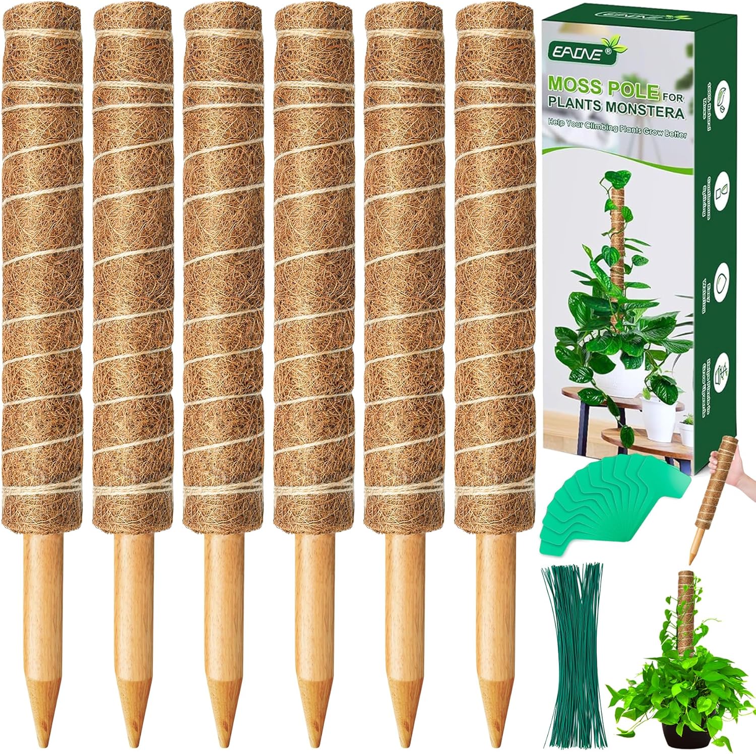 EAONE 96” Moss Pole for Plants Indoor, 6 Pack 16” Monstera Plant Support Moss Stick for Climbing Plants, Stackable Coir Totem Pole Monstera Stakes with 12 Plant Labels & 100 Ties for Potted Plants