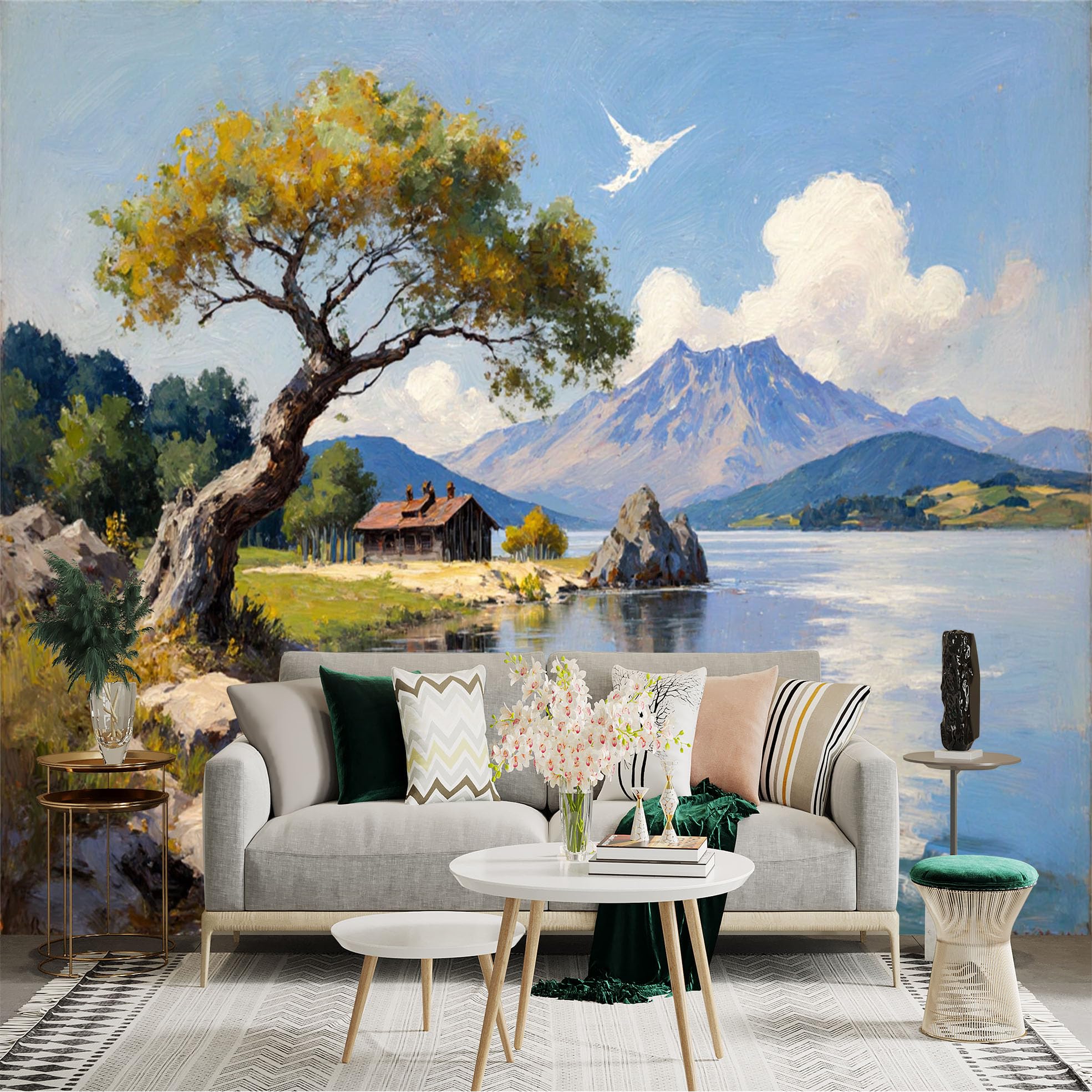 Custom Size Wall Sticker Mural， Lakeside Cottage with Tree， Mountains and Clear Sky， for wall Decoration， peelandstick wall Decals.