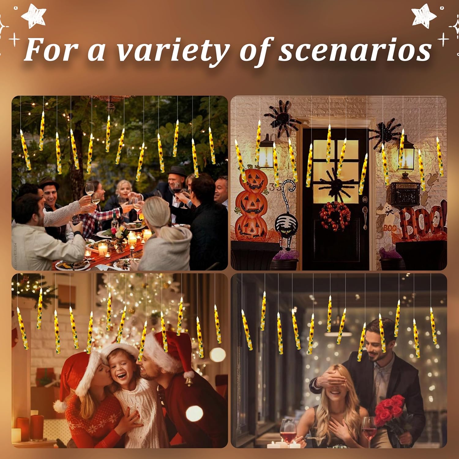 12PCS Floral Flameless Taper Candle Sunflower LED Magic Hanging Candlestick Floating Candles with Remote Timer Battery Operated Taper Candles with Flowers for Home Wedding Garden Party Decor