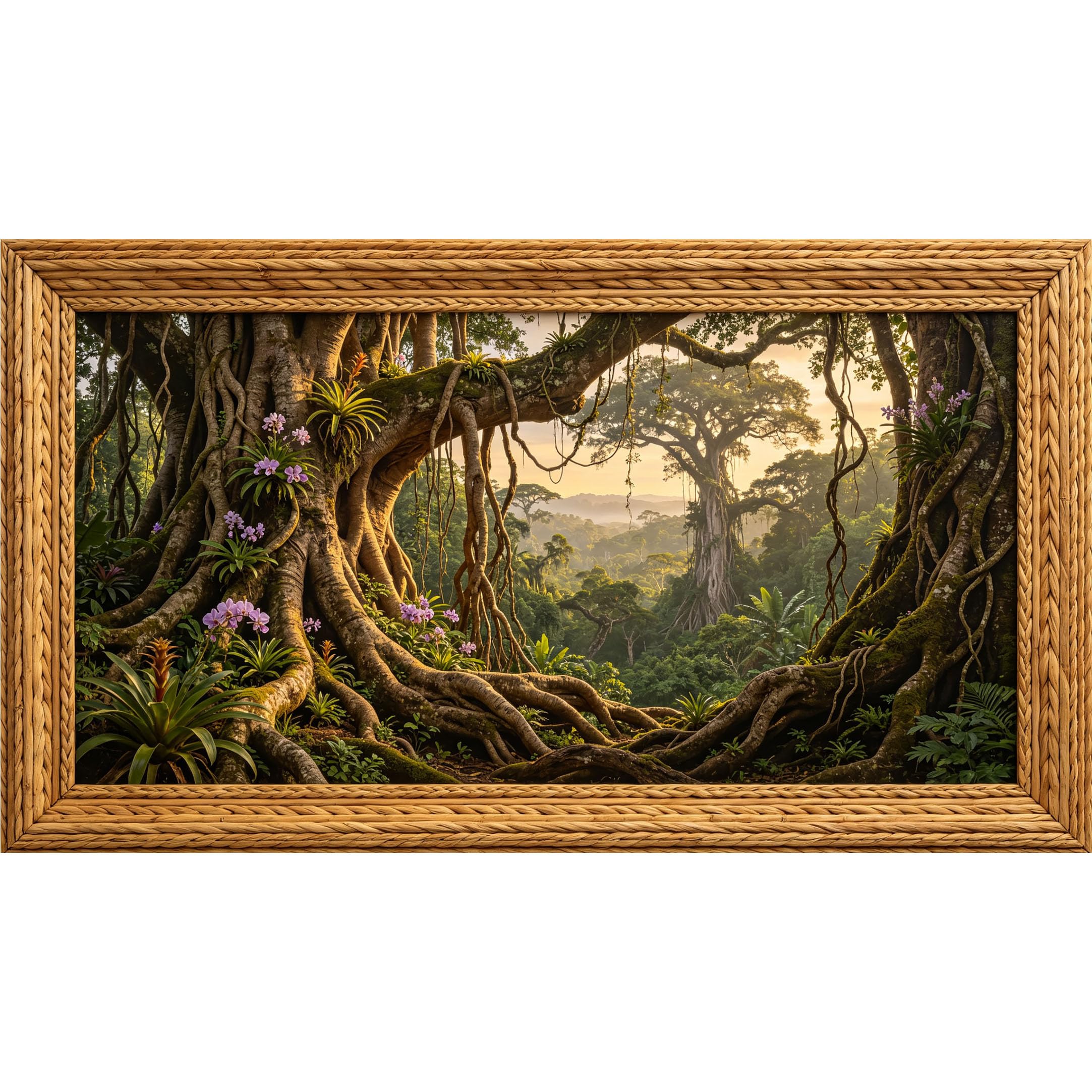 QZLITHOTIC 50x90cm3D Framed Wall Art， Tropical Jungle Ancient Tree Landscape Orchid Blossom Self‑Adhesive Mural， Water‑Activated Peel & Stick Fabric Decor Wall Decal for Bedroom Living Room