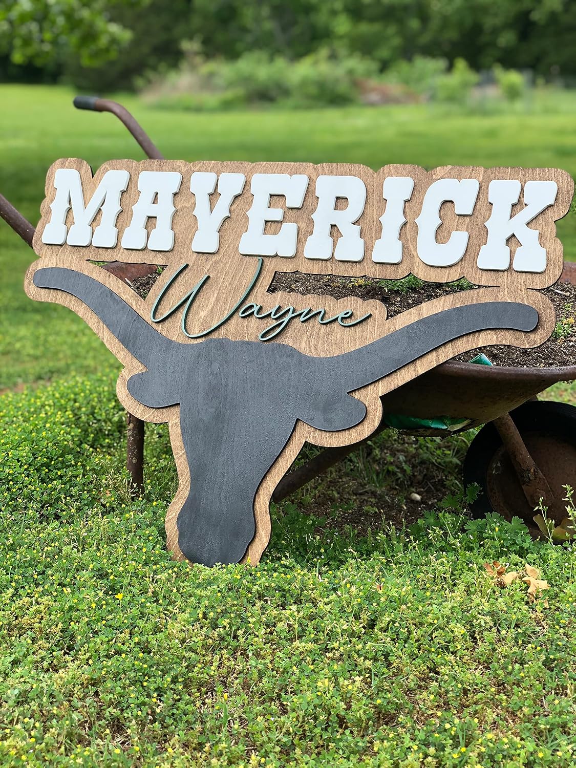 Name sign for boys room made from wood custom longhorn cow sign baby shower gift name sign country style rustic farmhouse name sign toddler (16inch)