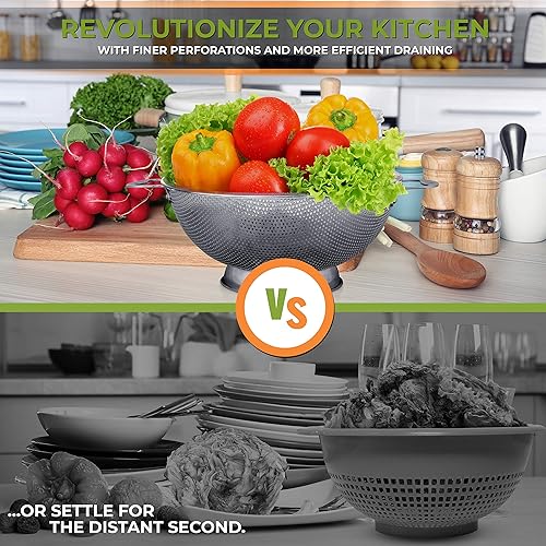 Miniatura 5 de Colador microperforado de acero inoxidable de 5 cuartos de galón, colador profesional con asas resistentes y base de anillo sólido autodrenable,