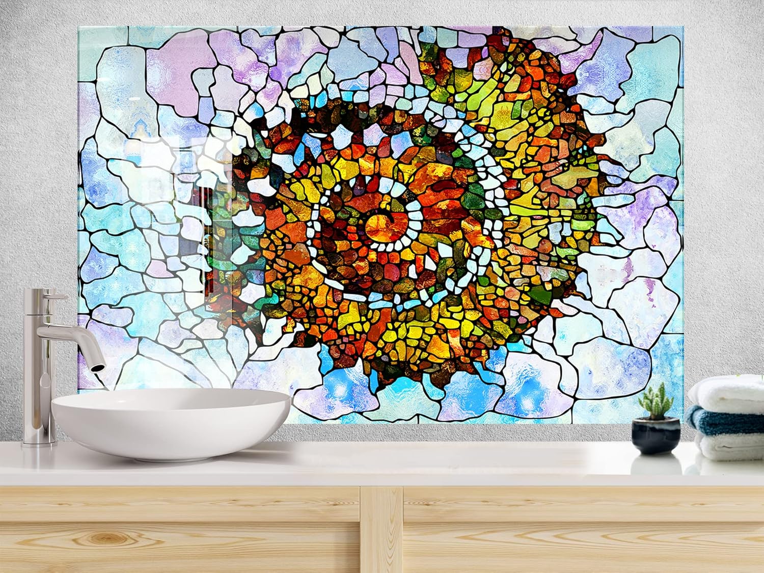 Myphotostation Stained Tile Tempered Glass Backsplash 20Wx14H'' Fractal Splashback for Kitchen Decor Bathroom Wall Protector Stove Backsplash Panel Tile Glass Splashback