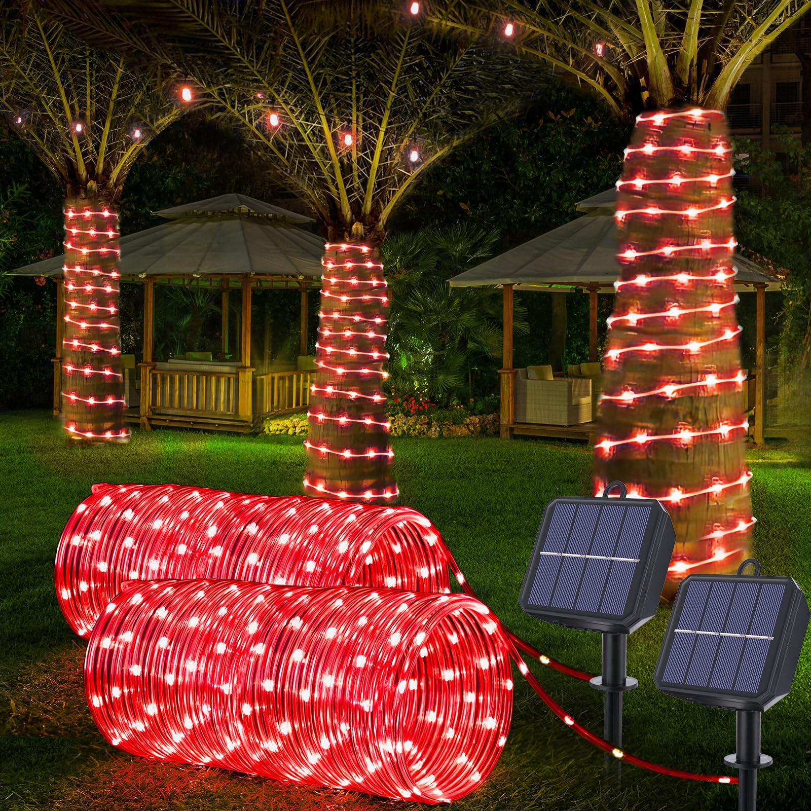 Jnaurb Solar Rope Lights, 2 Packs Total 132ft 400LED Solar String Lights, 8 Modes Waterproof Solar Outdoor Light, Flexible Clear Trampoline Light for Garden Backyard Patio Deck Pool Tree Decor - Red