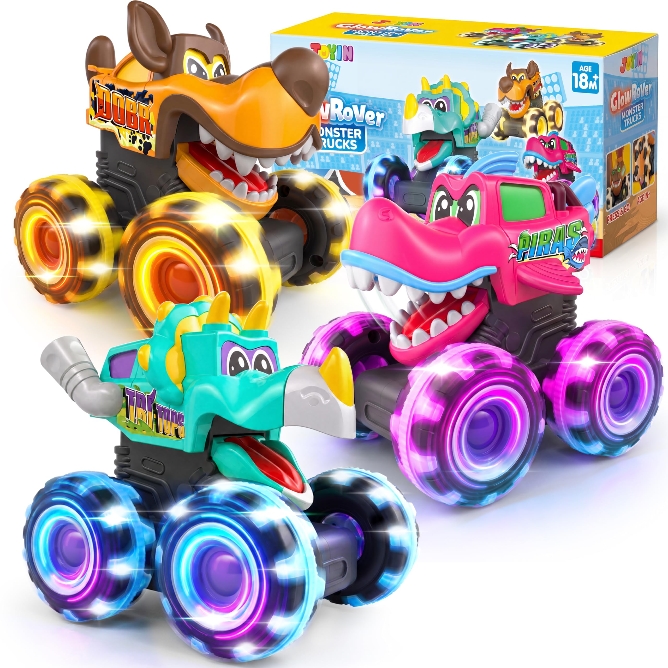 JOYIN 3PCS Light Up Monster Truck Toys, Press and Go Animal Toy Cars