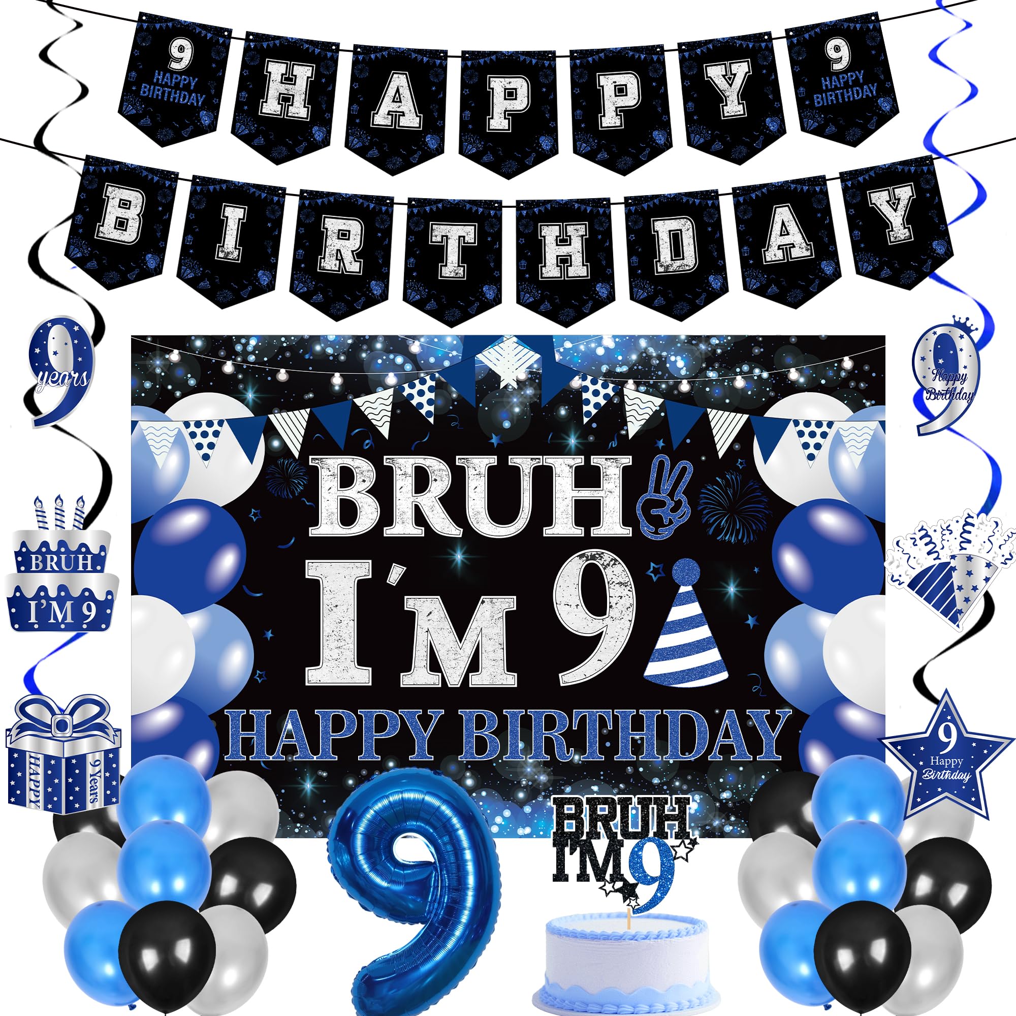 9th Birthday Decorations Banners Boys - 29 Pcs Black and Blue Happy Birthday Banner Set Bruh I'M 9 Background Curtain Number Foil Balloons Cake Topper Hanging Swirls for 9 Years Old Boy Party Decor