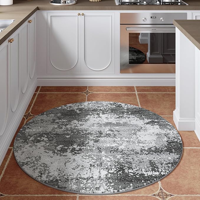 Tapete Redondo Gris 4ft Antideslizante Lavable Bajo Perfil Boho miniatura 3