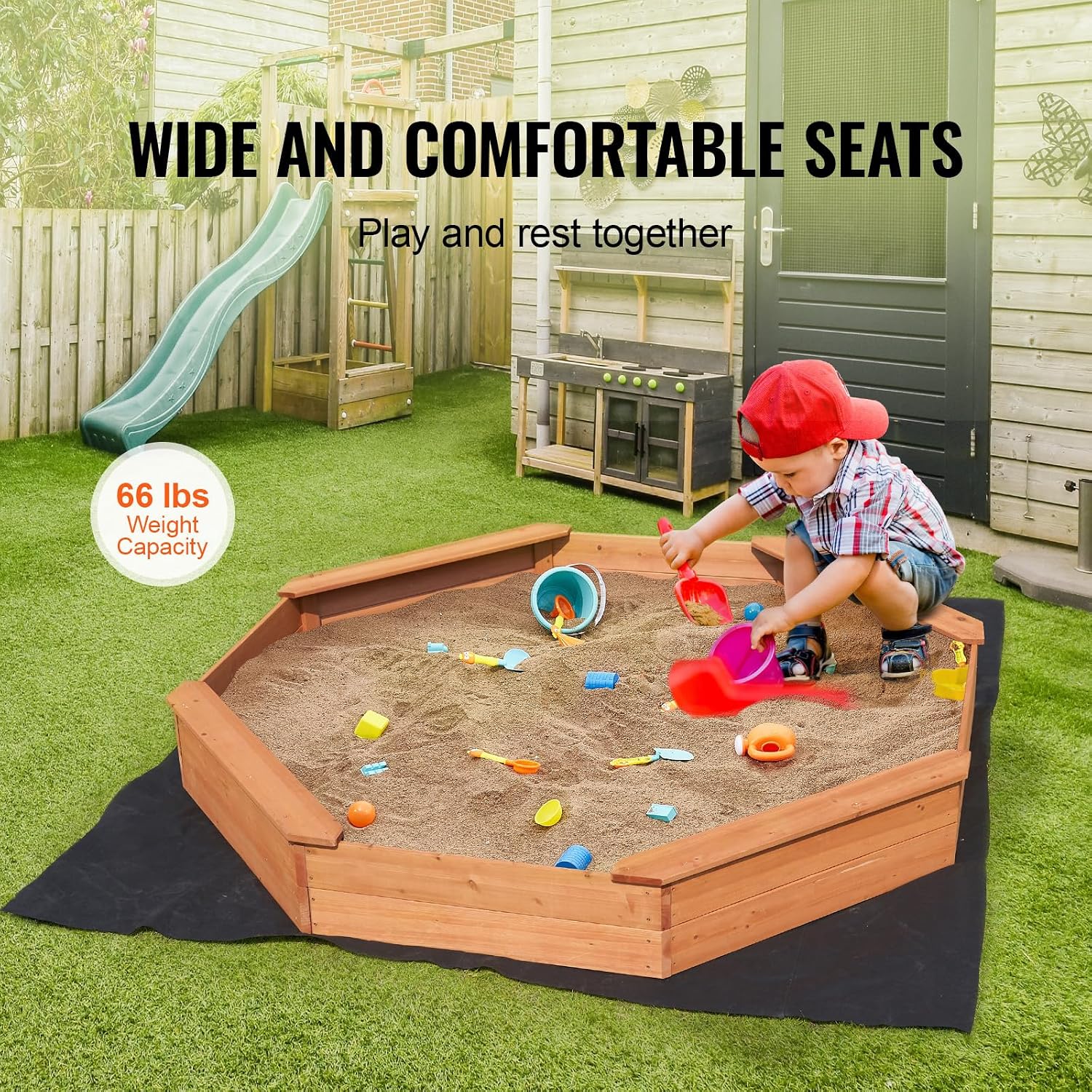 Happybuy Wooden Sandbox with Cover, 75.6 x 75.6 x 9.1 in Octagonal Sand Pit, 4 Seats, Bottom Liner, Outdoor Play Area for Kids Ages 3-12, Ideal for Backyard, Beach, and Park