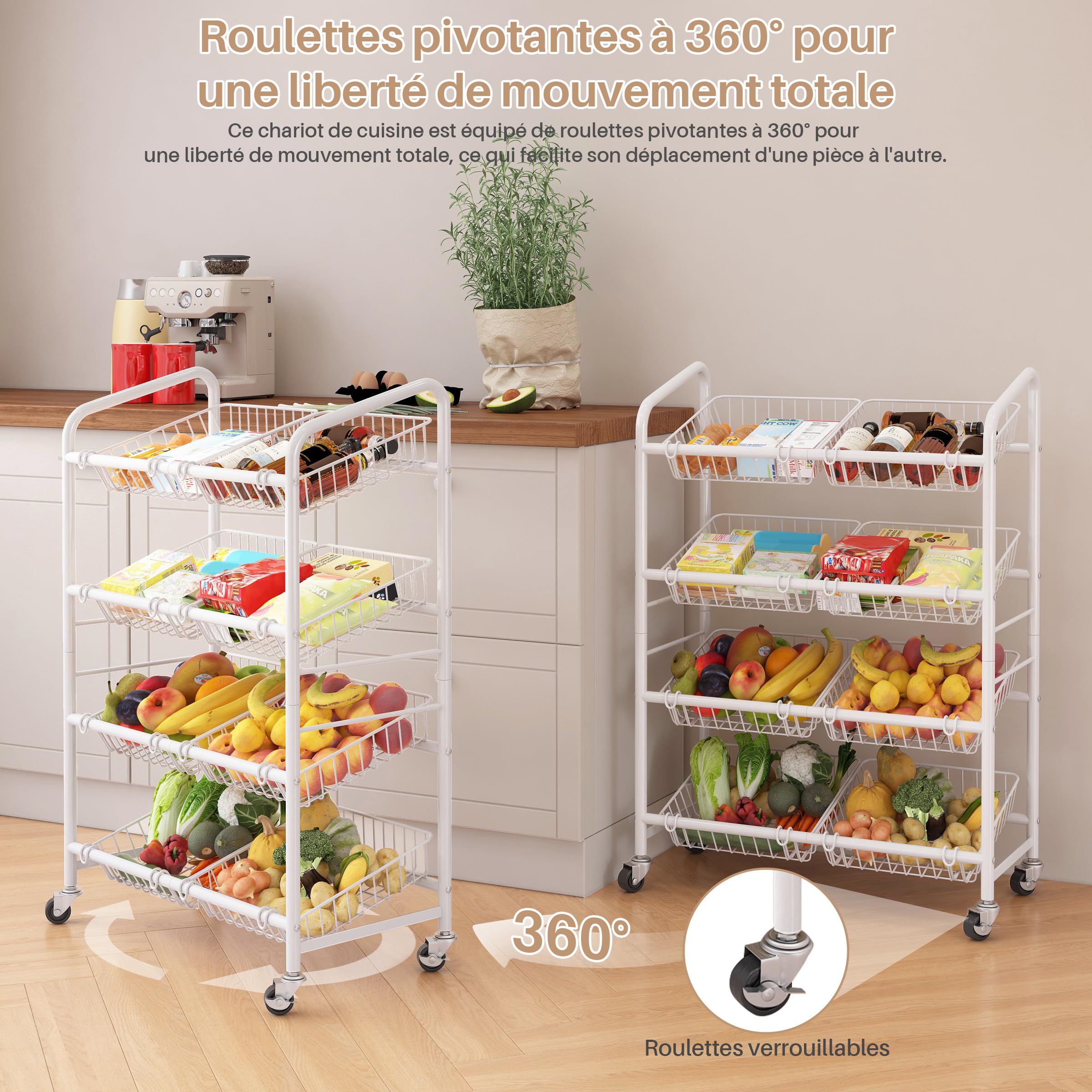 Chariot de Cuisine à 4 niveaux, Blanc | 8 Paniers, Avec Poignée, 65 cm W, En Métal avec Roulettes