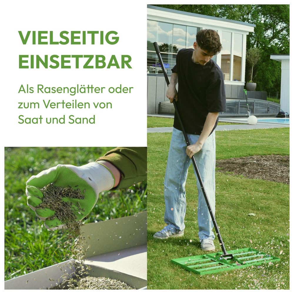 Dönges Rasenrakel 75x35 cm mit 2 Meter Stiel [für den perfekten Rasen] I Ideal zur Rasenpflege, Sandverteilung und Rasennivellierung I Leicht und handlich anwendbar zum Rasen rakeln und lawn leveling