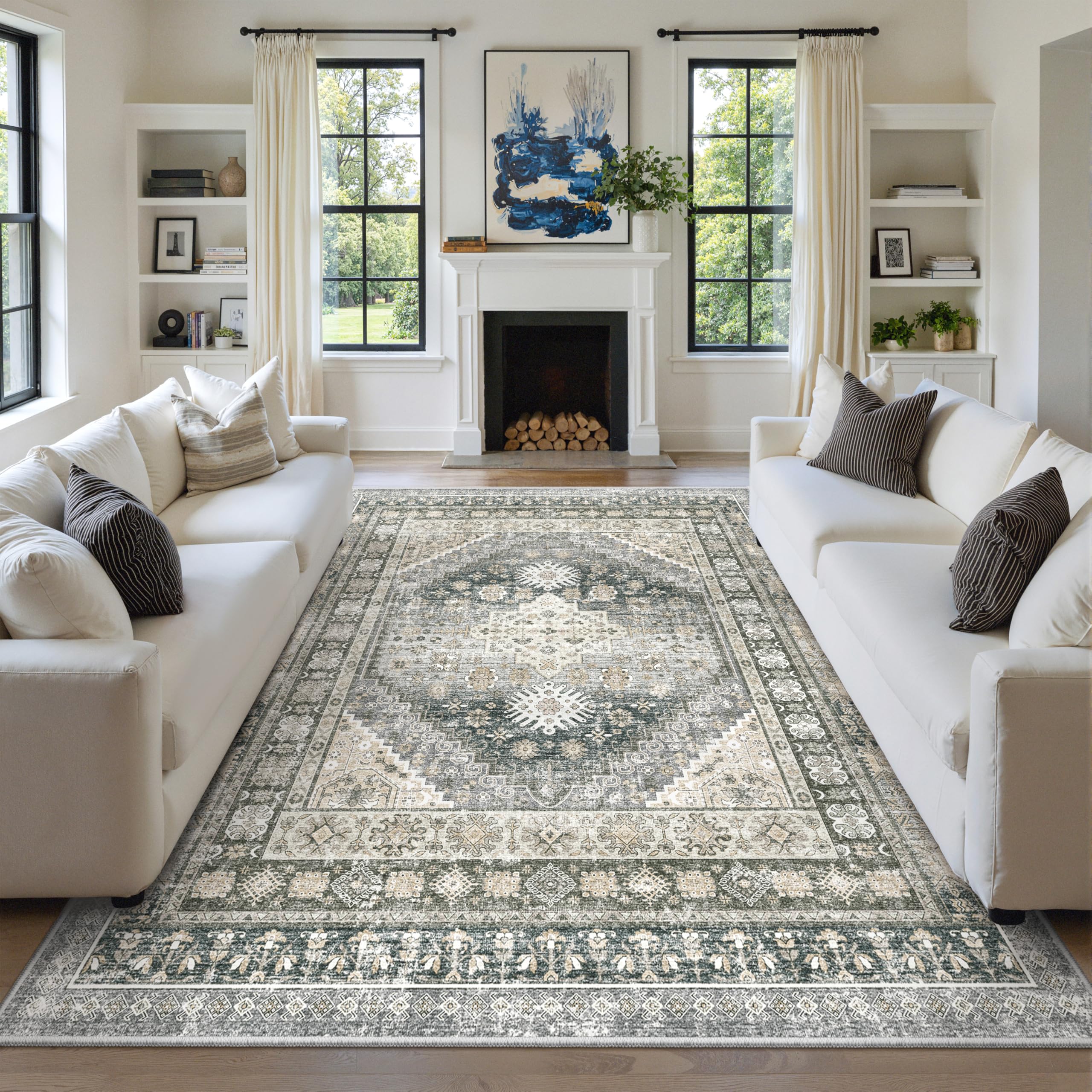 zesthome 8x10 Area Rugs for Living Room,Non-Slip Backing Washable Rugs,Vintage Large Area Rug，Stain Resistant Home Decor Rug (Wheat/Charcoal,8'x10')