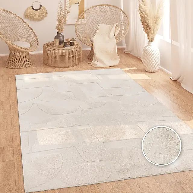 Tapis Beige Shaggy Long Poil 120x160 cm Scandinave Boho Lavable