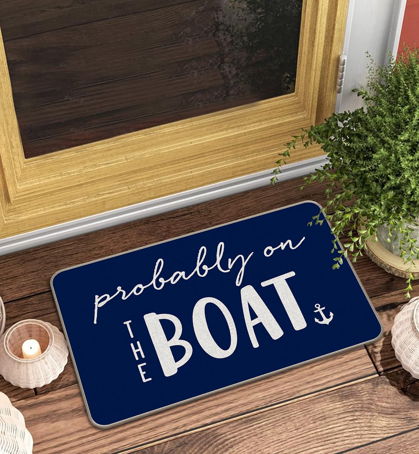Probably On The Boat Navy Blue Anchor Funny Quotes Entrance Door Mat 17x30 Inch Doormats Decor, Nautical Lake House Front Door Porch Outdoor Indoor Decorations