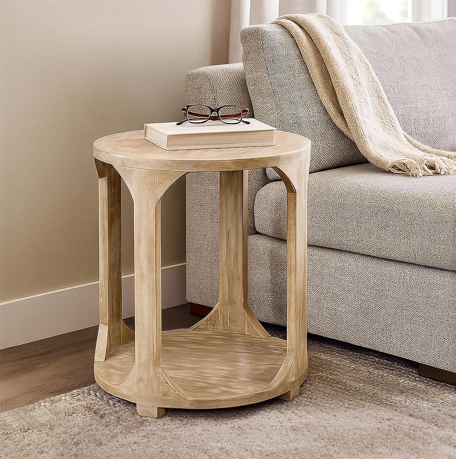 Moti Jenna Round End Table with Shelves in Coastal Natural Solid Wood