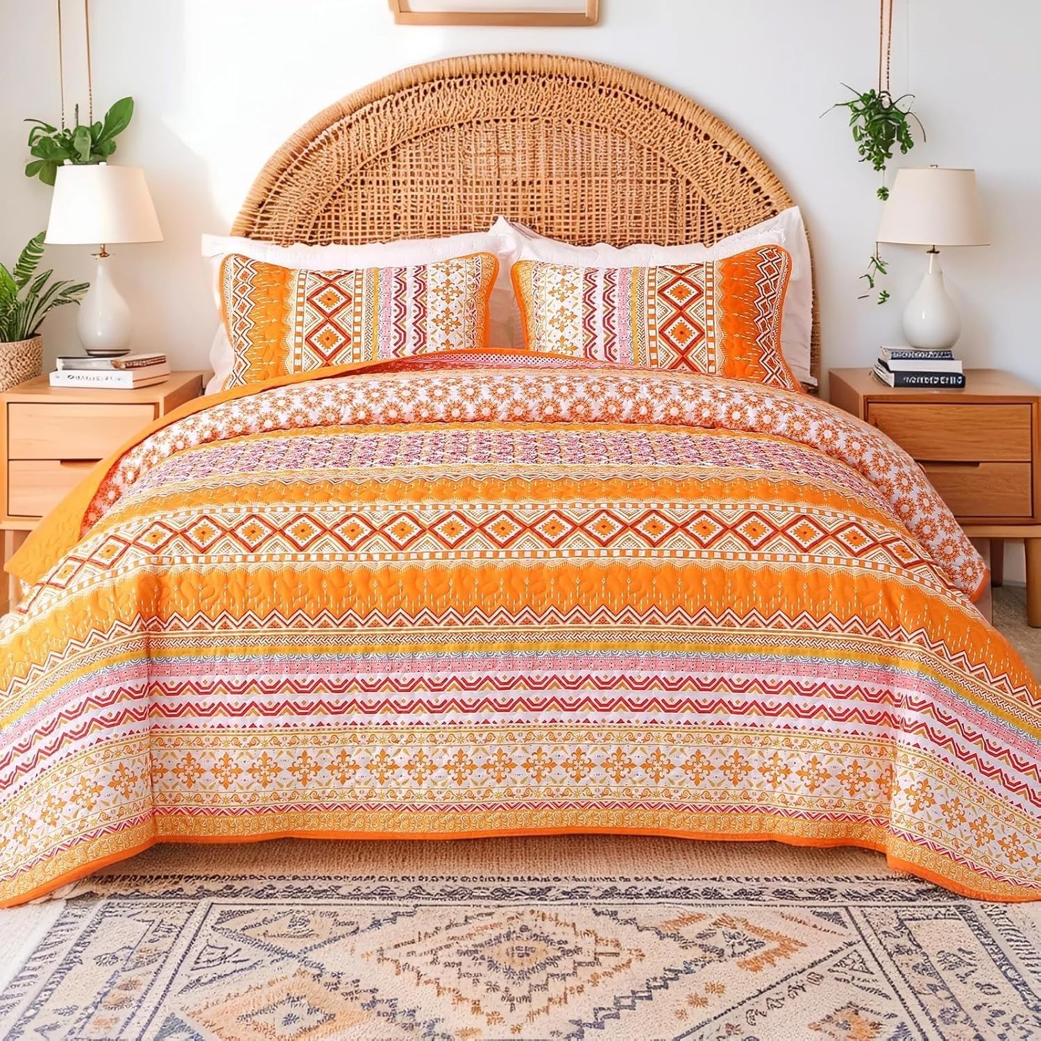 Heymybed Boho Quilt Set Queen Size Orange Coverlet Bedspread Bohemian Striped Bed Cover Microfiber Soft Lightweight Bedding Sets for All Seasons (96"×90")