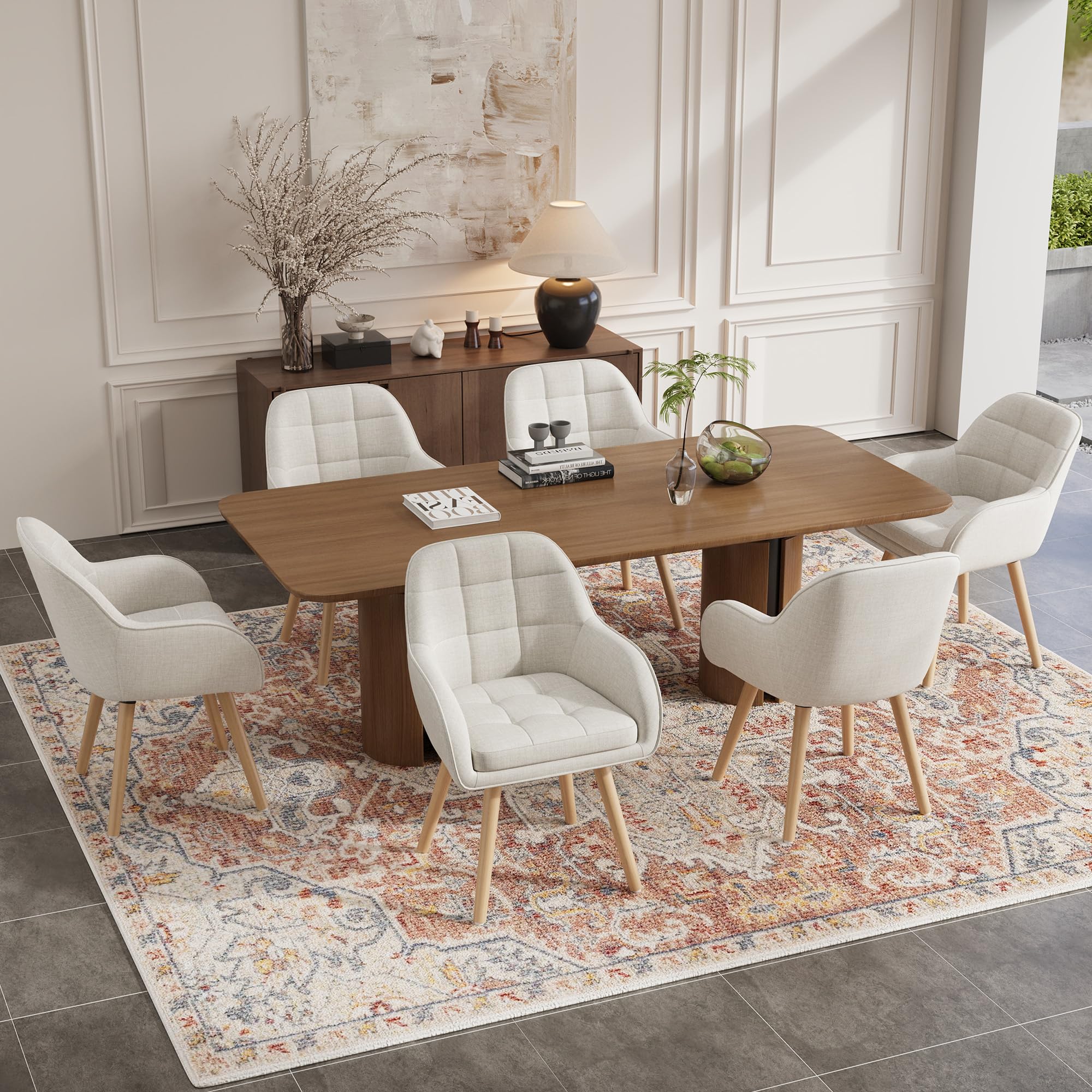 ELUCHANG Silla de Comedor Pack 4, 10cm Grosor Sillones con Reposabrazos Altos, Base Metálica & Patas Madera, Carga Máx.150KG, Beige Tela Natural Silla para Cocina, Salón, Dormitorio