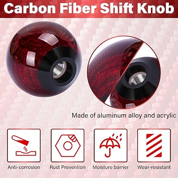 ecocstm Carbon Fiber Shift Knob, Round Ball Shifter Knobs with 3 Adapters | Weighted Gear Shift Knob, Car Stick Shifter Accessories, Compatible with Most Manual Vehicles (Red)