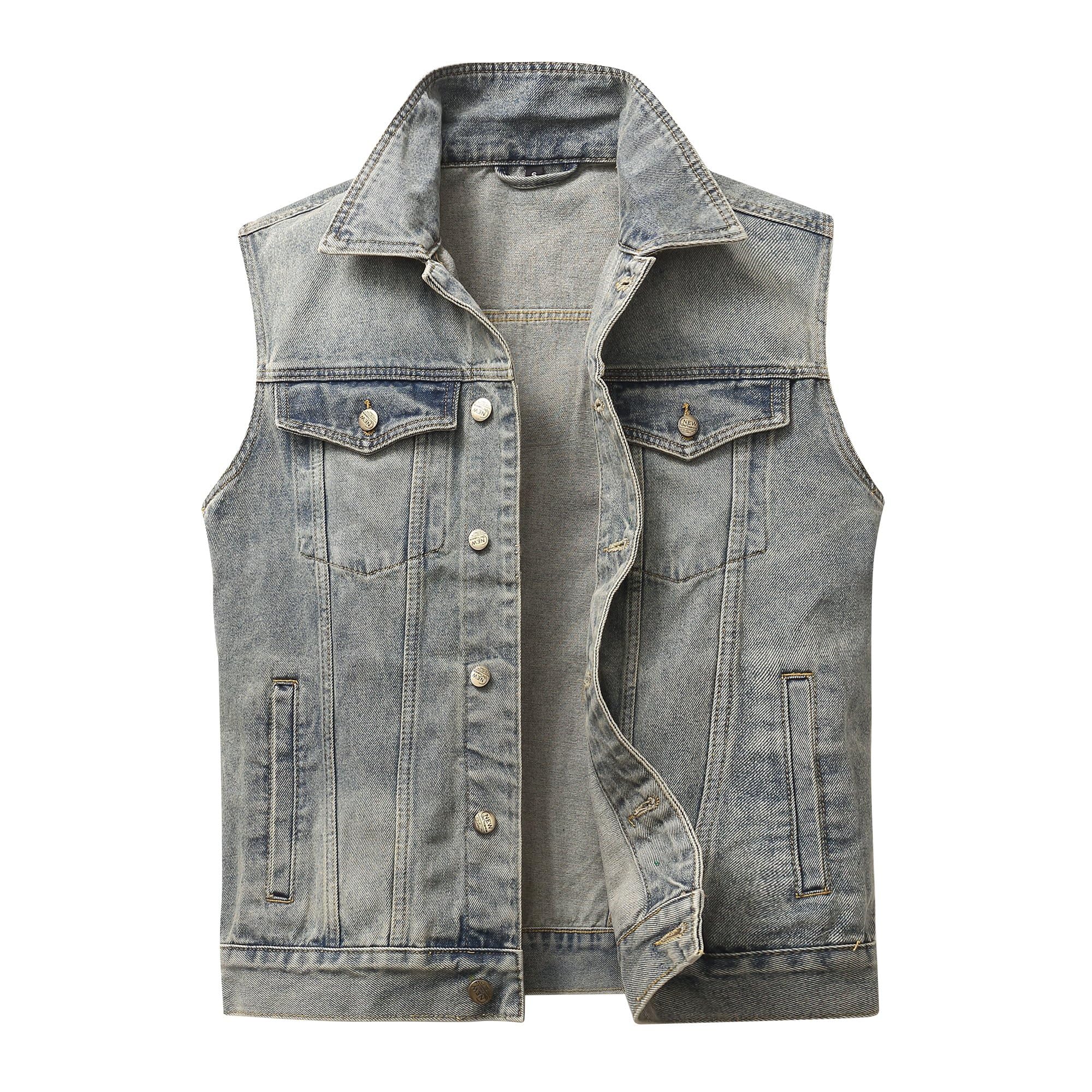 Homme Gilet en Denim Veste Décontractée Vintage Denim Gilets de Coton Revers Classique Rétro Jean Gilet Sans Manches Manteau de Moto