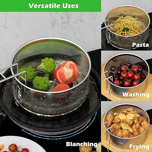 Miniatura 5 de Cesta redonda para freidora de 7.87 x 4 pulgadas, cestas redondas de acero inoxidable con asa y gancho de descanso para papas fritas, anillos de