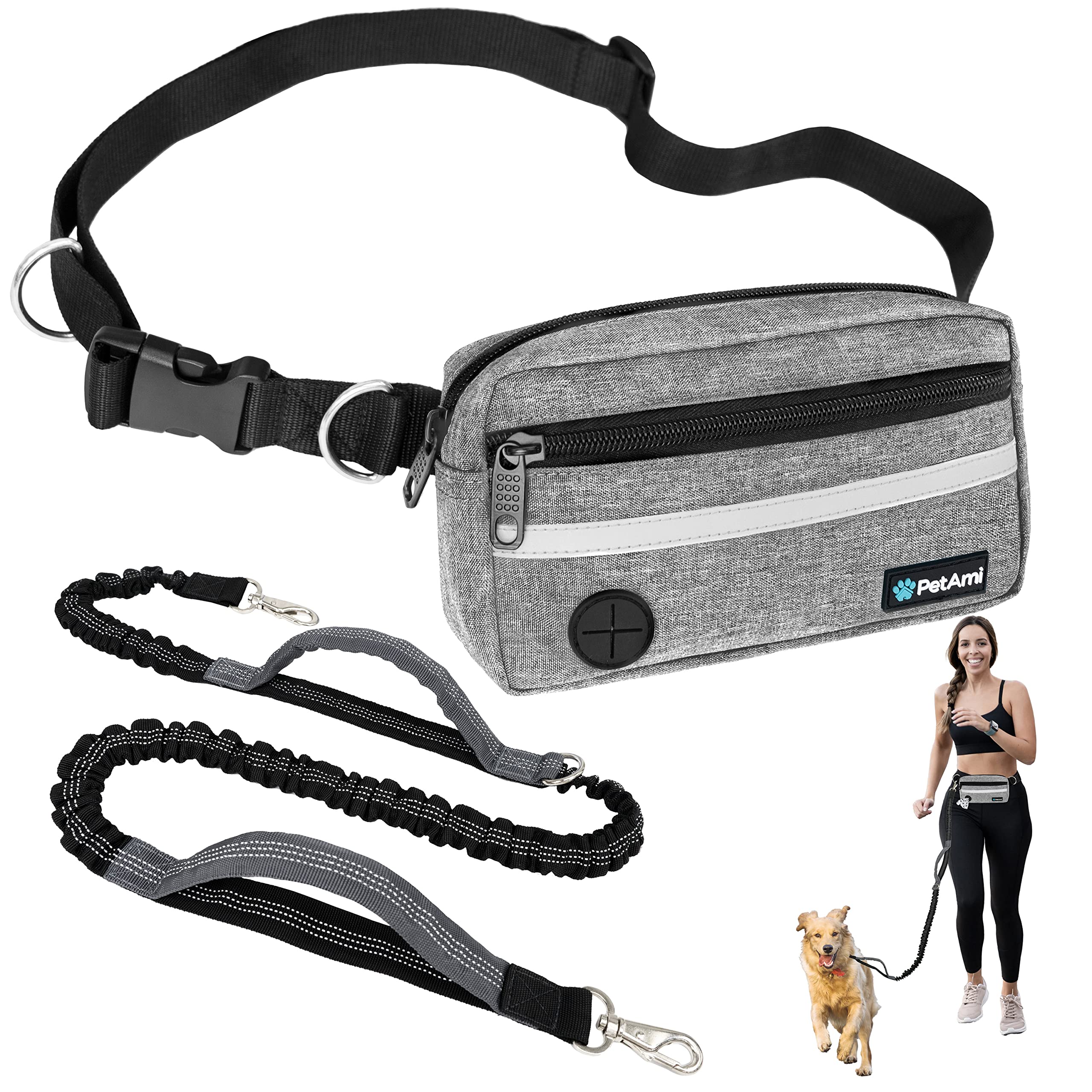 PetAmi Hands Free Dog Leash, Running Leash Belt Walking, Jogging, Waist Zipper Pouch with Poop Bag Dispenser, Dual Padded Handles, Reflective Durable Bungee Single, Heather Grey, 1 Leash
