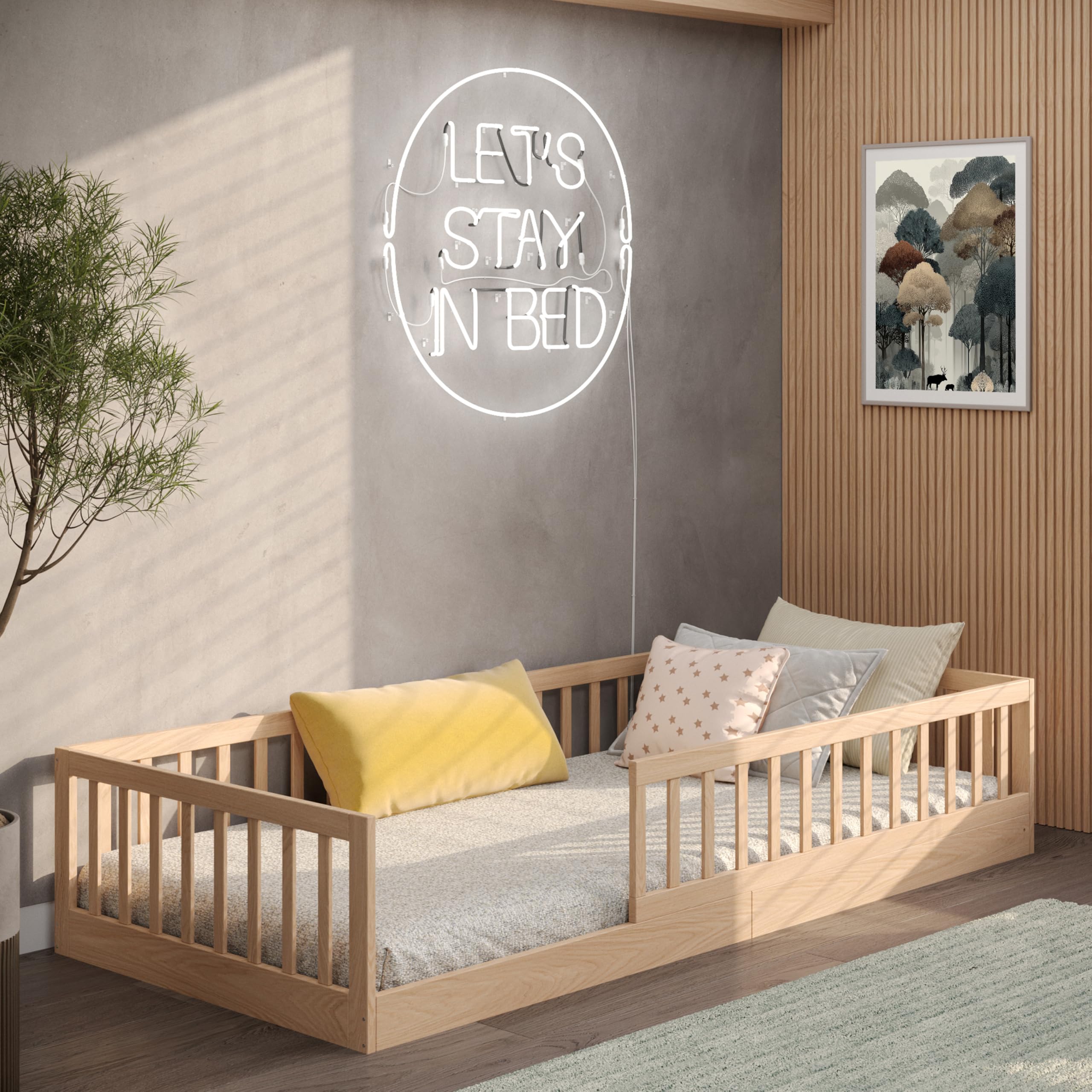 Lit D'enfant Lit Au Sol 90x190 Cm Lit Avec Protection Contre Les Chutes & Sommier à Lattes Montessori Lit Lit à Barreaux Enfants Lit D'adolescent Lit Simple En Option Avec Matelas Blanc