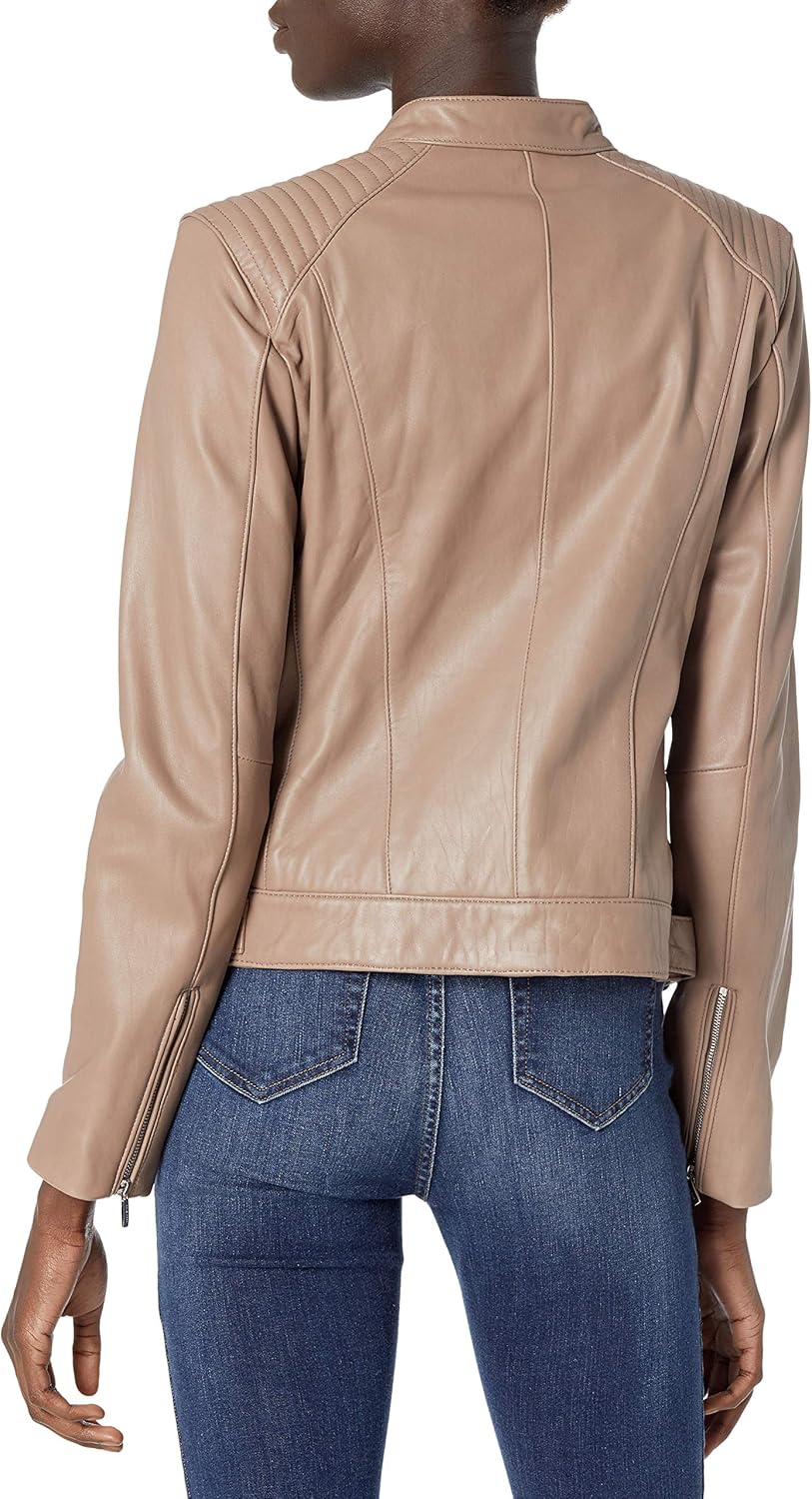Cole Haan Women's Leather Racer Jacket with Quilted Panels at  Women's Coats Shop