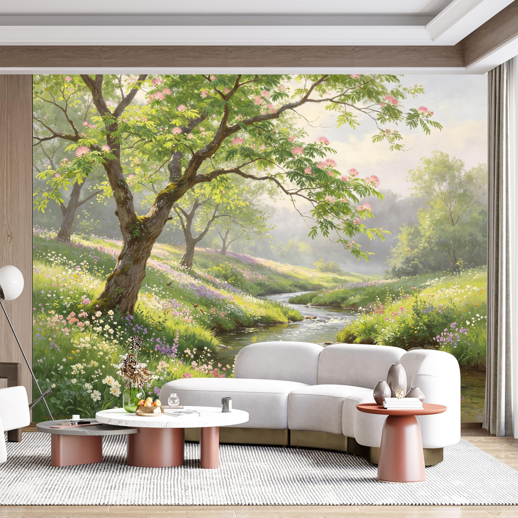 Custom Size Wall Mural Floral Meadow Stream Landscape Watercolor Painting SelfAdhesive Wall Fabric Removable for Home Office Decor