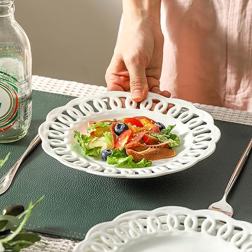 Miniatura 6 de fMBB Plato redondo para aperitivo con borde festoneado, juego de 4, platos de postre de cerámica blanca de 8 pulgadas, pequeño para acompañamiento