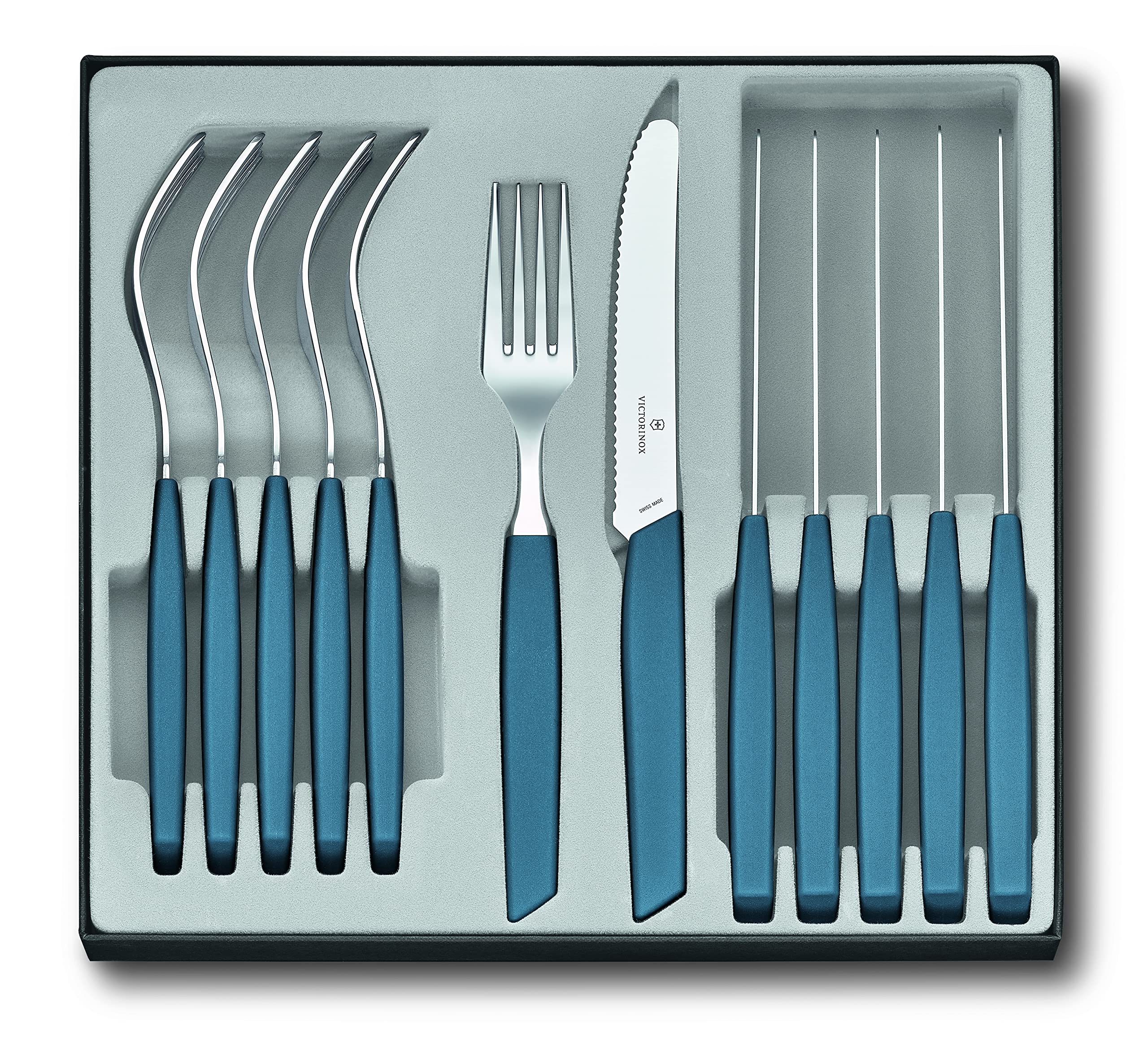 Victorinox Modern set de cubiertos para 6 personas, 12 piezas, incl. cuchillos de sierra afilados, mangos de plástico, azul aciano
