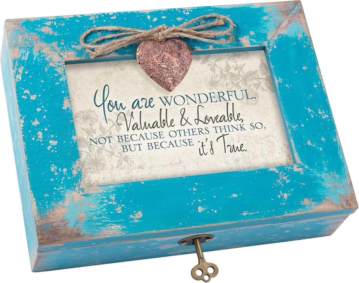 Cottage Garden You are Wonderful Valuable Lovable Teal Distressed Jewelry Music Box Plays You Light Up My Life