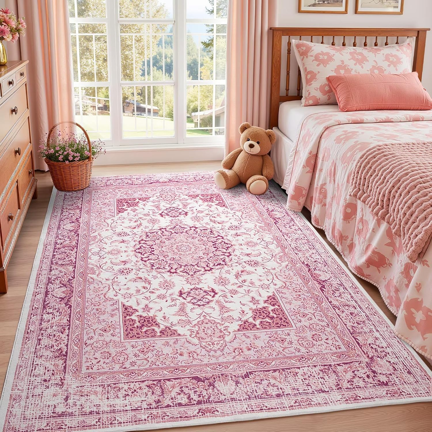 5x7 Bright Pink Area Rug for Living Room, Machine Washable Rugs with Non-Slip Backing for Girls Bedroom, Cute Vintage Carpet for Kitchen Laundry Kids Room