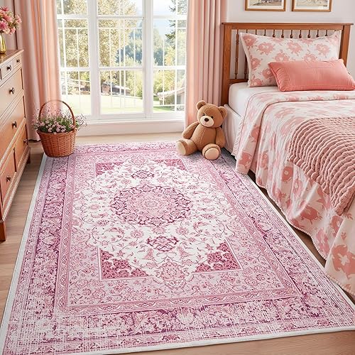Macgace 5x7 Bright Pink Area Rug for Living Room, Machine Washable Rugs with Non-Slip Backing for Girls Bedroom, Cute Vintage Carpet for Kitchen Laundry Kids Room