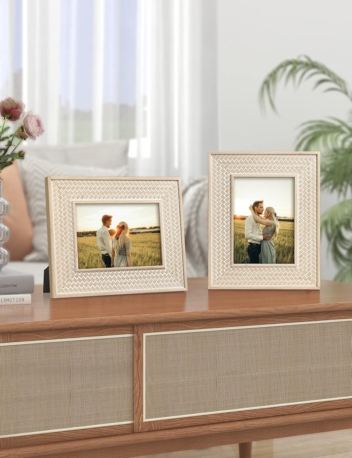 Sonefreiy 5x7 Picture Frame, Boho Decor 5 x 7 Photo Frame Rattan Pattern Set of 2 for Wall and Tabletop Gift for Family Friends Mom Women Grandma, Beige Yellow
