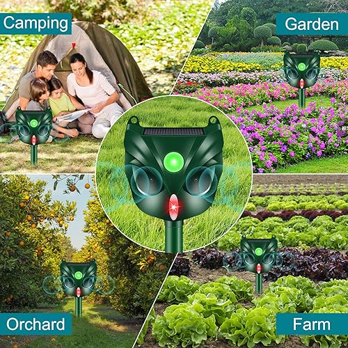 Miniatura 6 de Disuasorio ultrasónico para gatos, dispositivo disuasorio con energía solar de 5 modos para exteriores, con sensor de movimiento y luz intermitente,