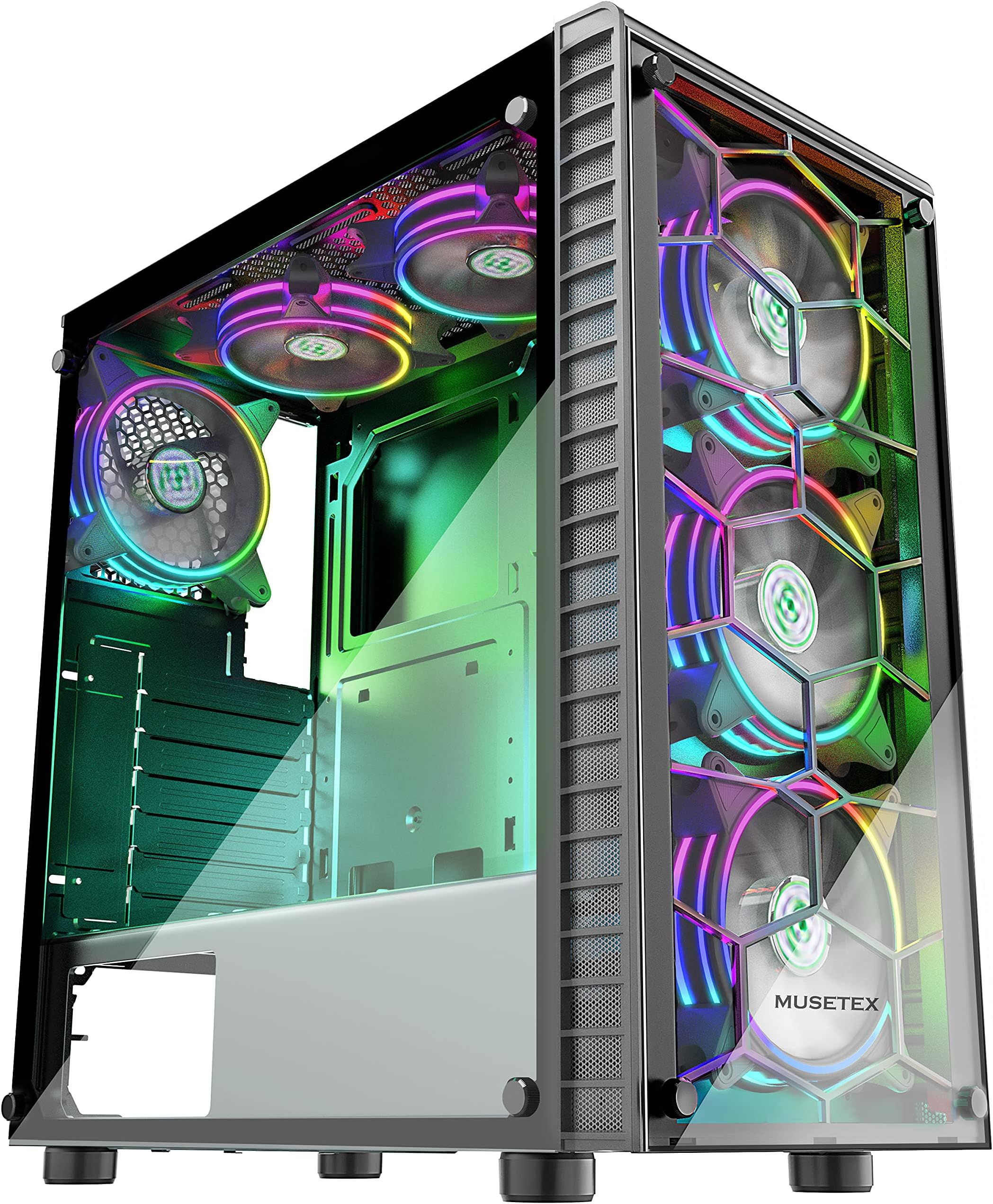 MUSETEX Boitier PC ATX pré-Installation 6 Ventilateurs PWM ARGB, Boîtier ATX Mid Tower avec