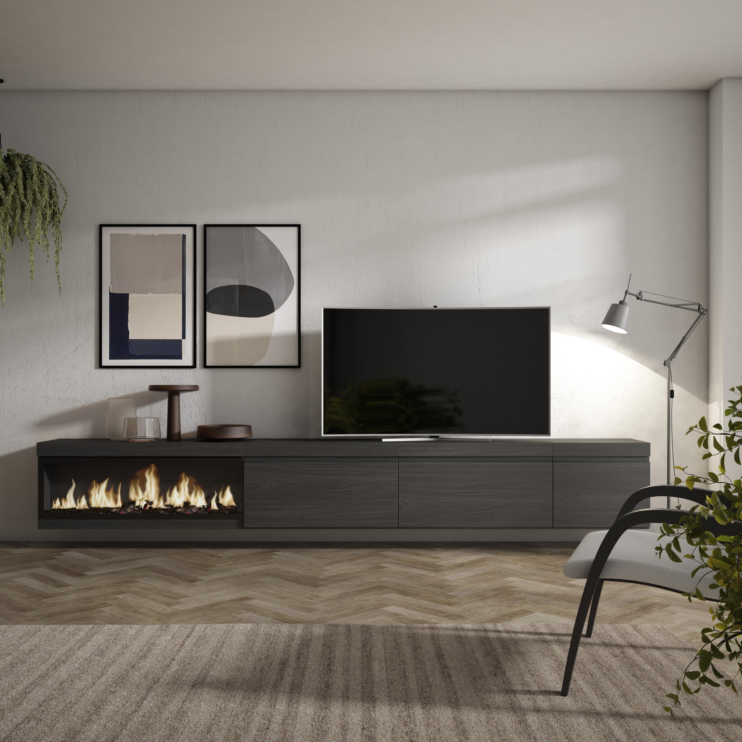 Skraut Home | TV-Schrank, Lowboard | für Wohnzimmer und Esszimmer | 317x45x35 cm | Elektrokamin XXL | Hängend | Moderner Stil | Schwarz