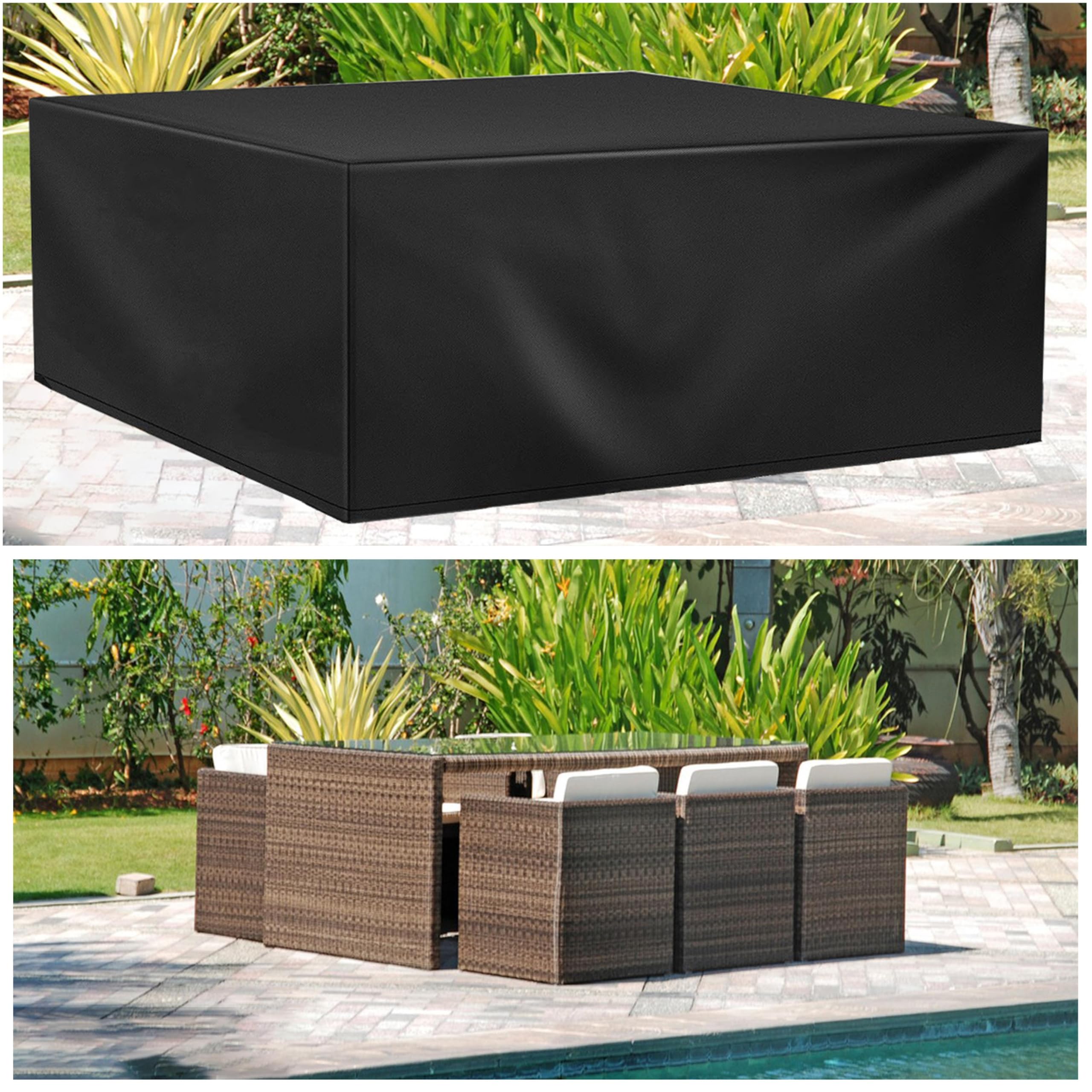 Hnkdkj Black Rattan Garden Table Cover 150X75x70cm/Lxwxh Garden Furniture Covers Waterproof Square/Rectangular 420D Heavy Duty Oxford Fabric For Rattan Patio Table & Chairs With Windproof Buckles