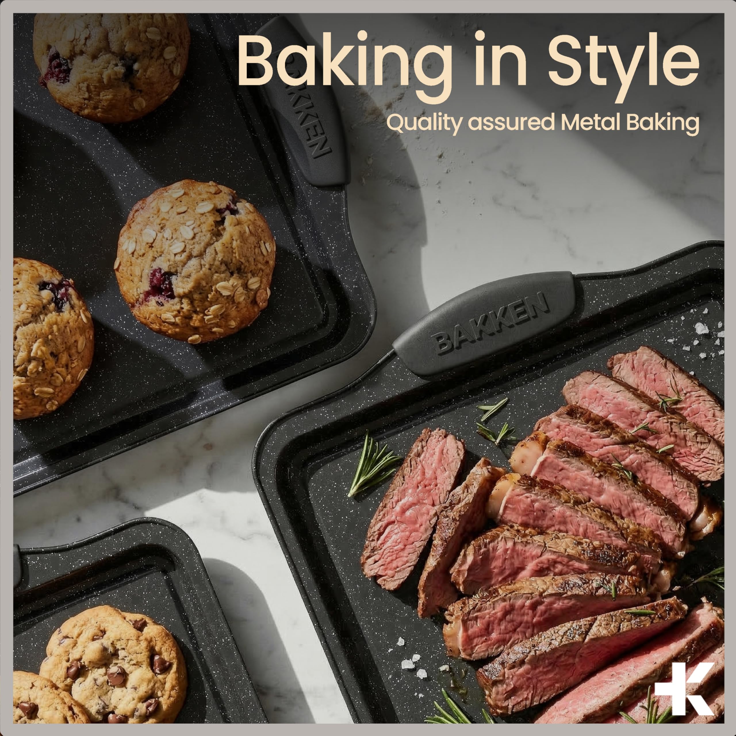 BAKKENMaster 6-teiliges Backformen-Set mit grauer Marmorbeschichtung, professionelle Qualität, Karbonstahl, mit Silikongriffen, ideal für Ofen, Kühlschrank, Gefrierschrank, spülmaschinenfest
